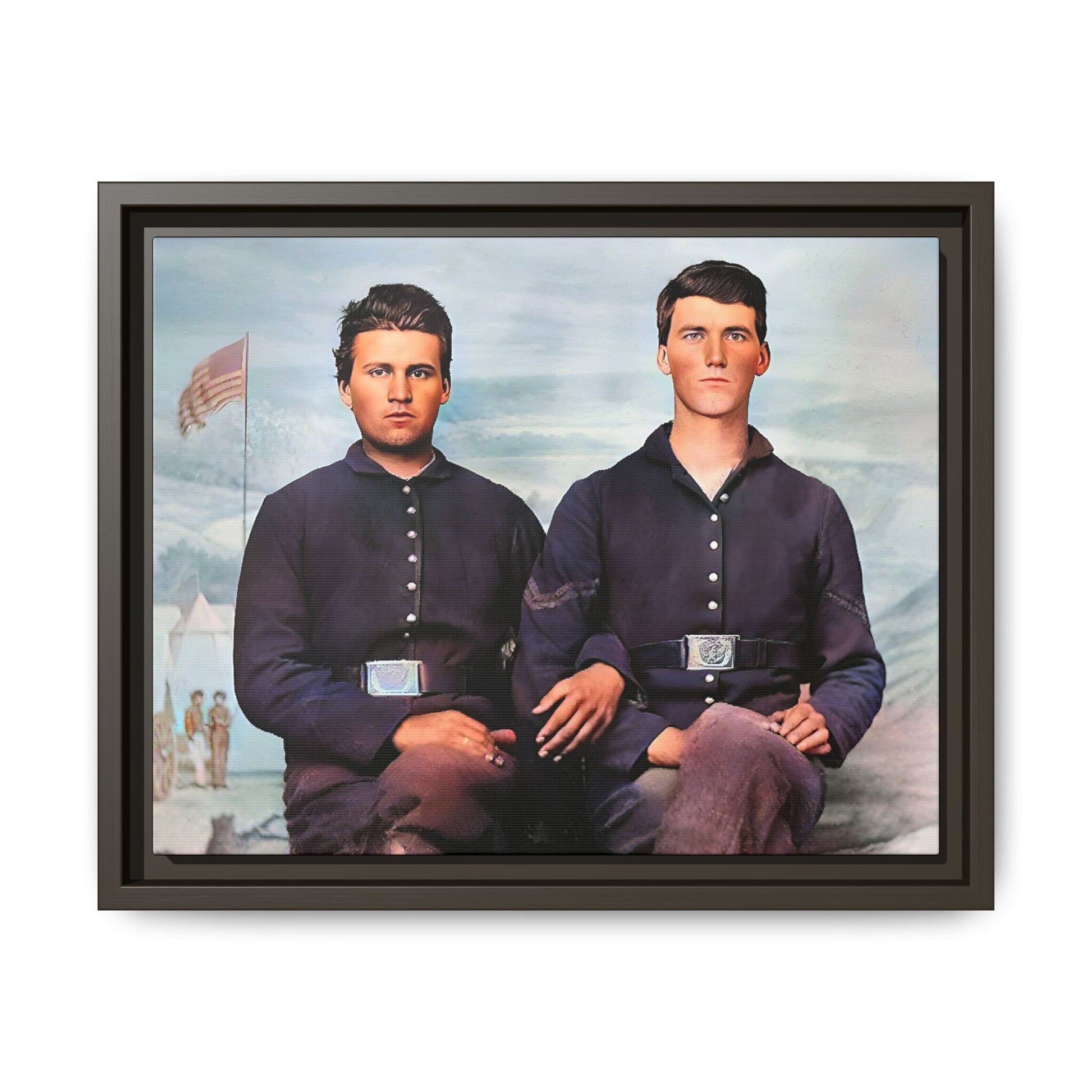 A framed vintage Civil War photo on matte canvas featuring two Union soldiers at Camp Curtin, honoring military history. Gay Couple