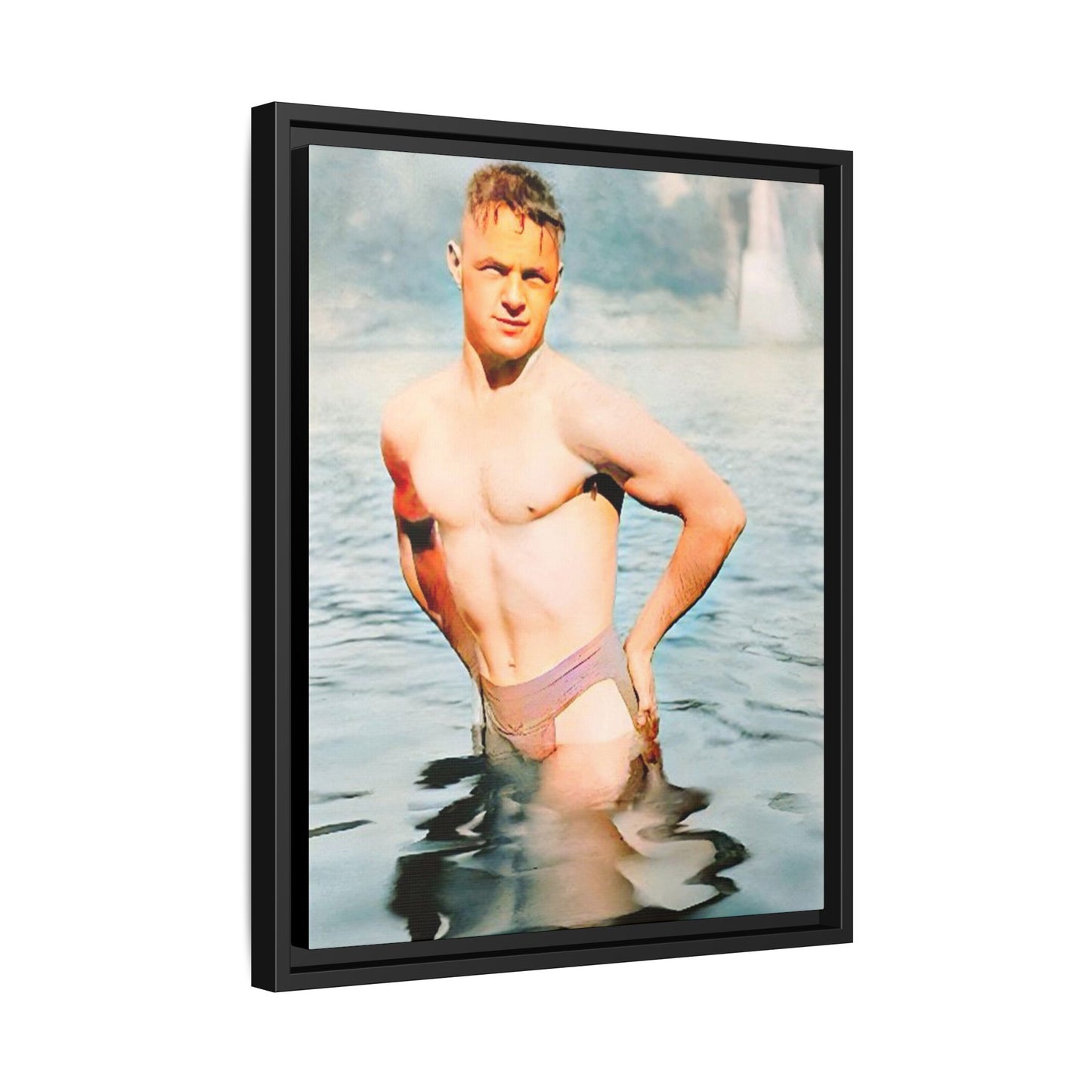 Restored 1940s vintage photo of Lewis standing waist-deep in Lake Wawasee, Indiana, radiating confidence and vitality, framed as wall art.