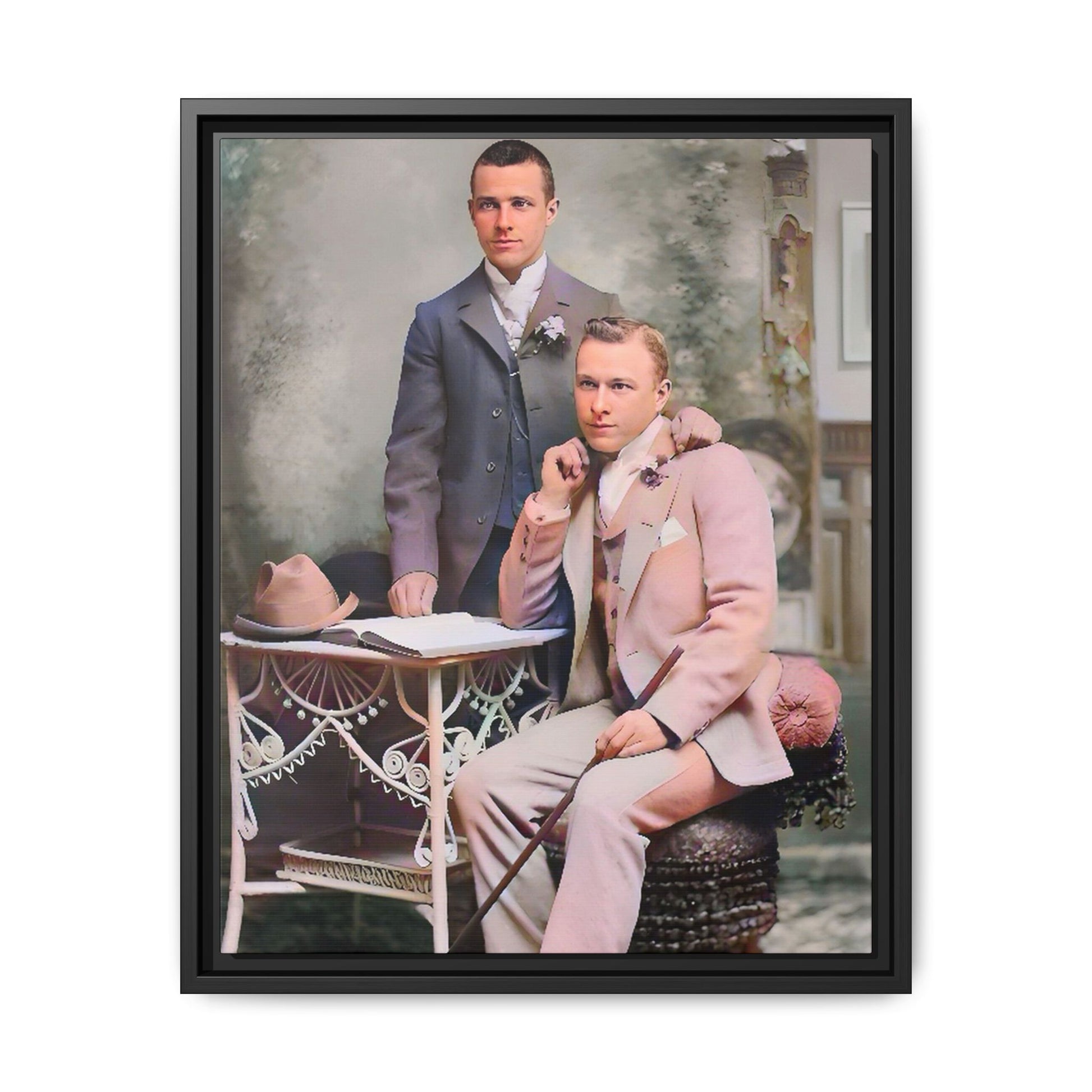 Restored early 1900s photo of Walt and Dewey in tailored suits, posed elegantly in Kansas City, celebrating LGBTQ+ love and resilience, framed as wall art. Gay Coup