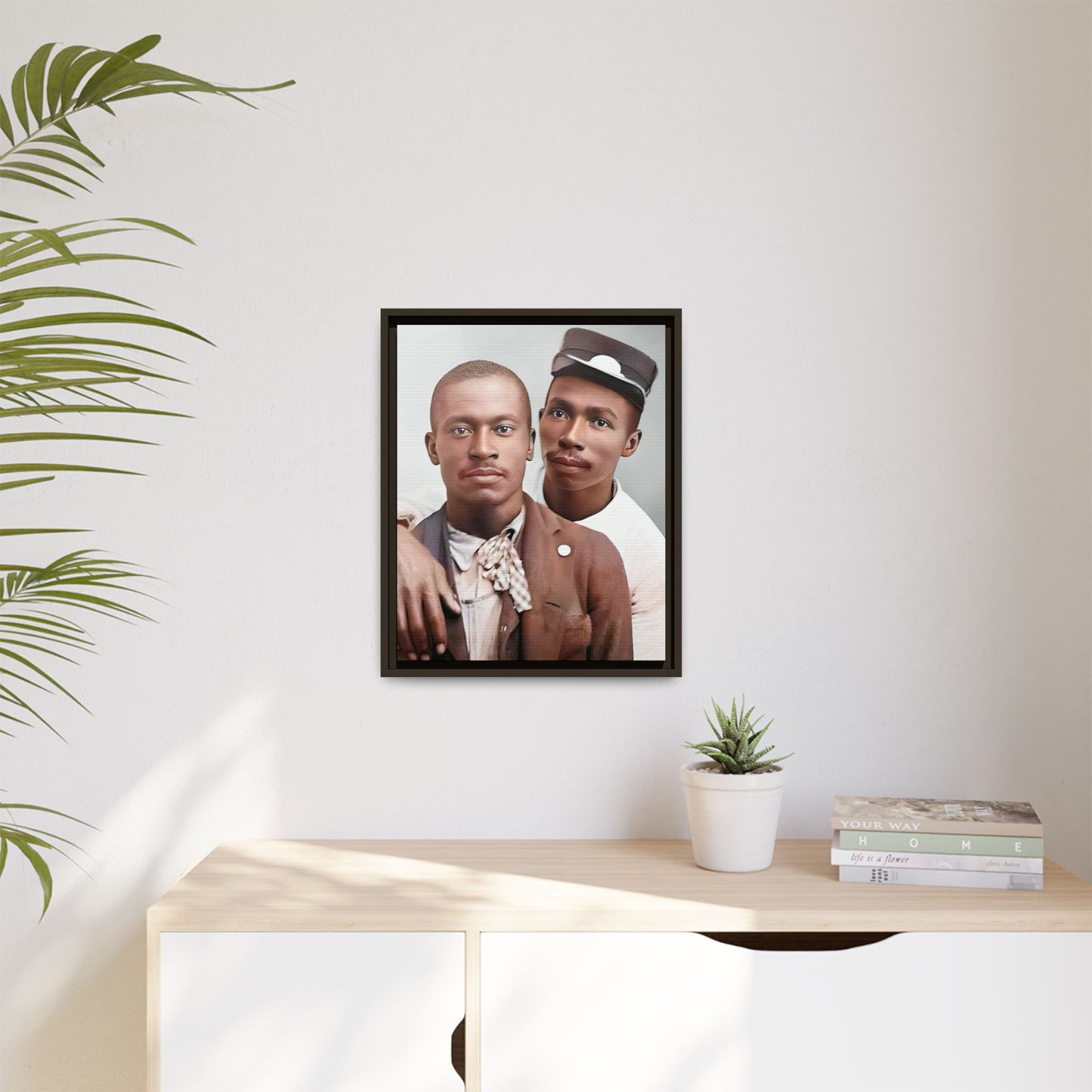 A restored vintage portrait of Willie & Louis at Metro-North Railroad in Harlem, New York. This framed matte canvas celebrates LGBTQ+ history, African American heritage, and timeless love. Gay Couple