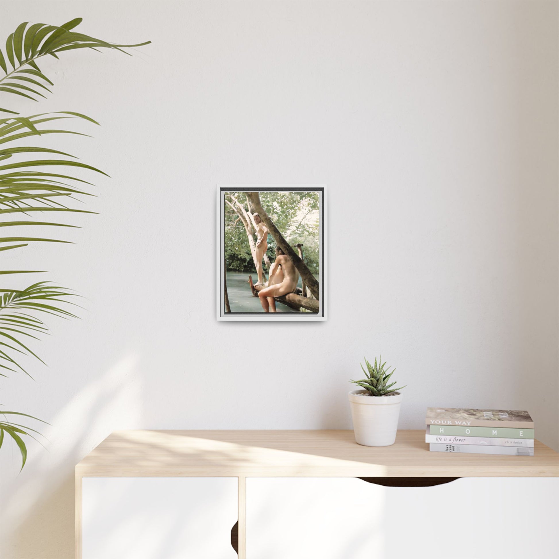 Restored early 1900s photo of men swimming nude  celebrating love and strength by James River in South Dakota, framed as wall art. Gay History
