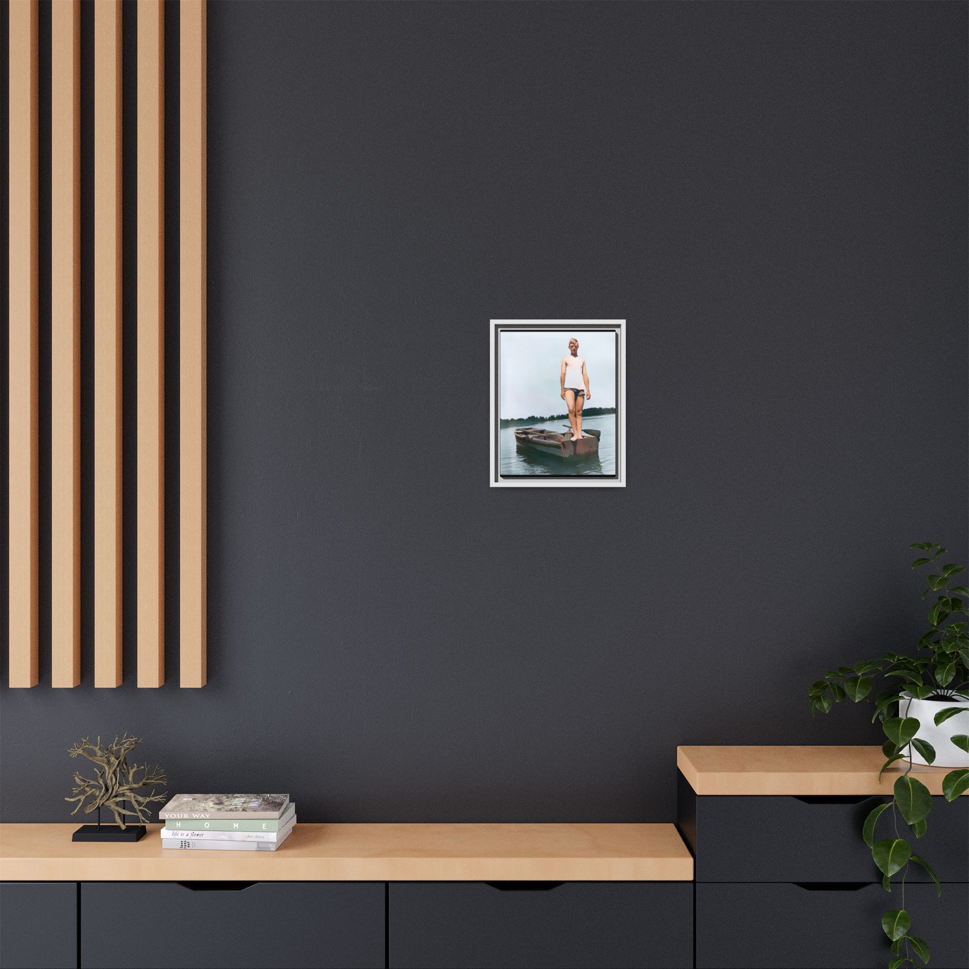 A framed vintage lake portrait on matte canvas featuring George standing on a rowboat at Creve Coeur Lake, Missouri, capturing timeless outdoor nostalgia.