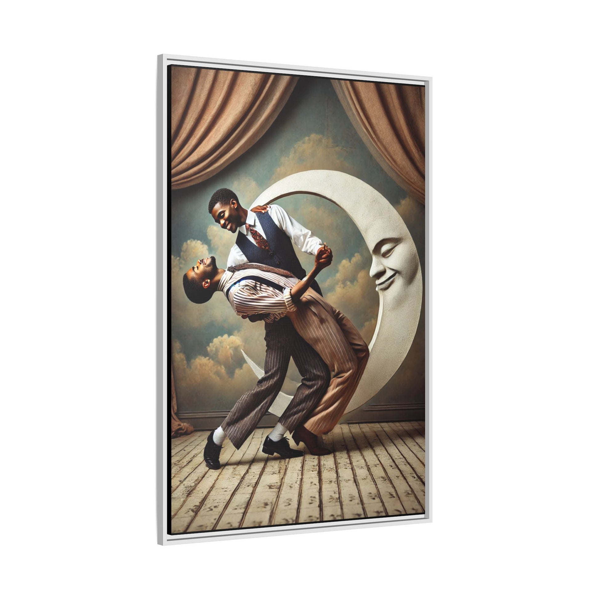 Framed artwork of two Black men in vintage suits dancing tenderly beneath a crescent moon with a smiling face. A romantic 1920s-inspired scene with velvet curtains and a painted sky backdrop. Part of a collection reclaiming lost queer Black history and art.