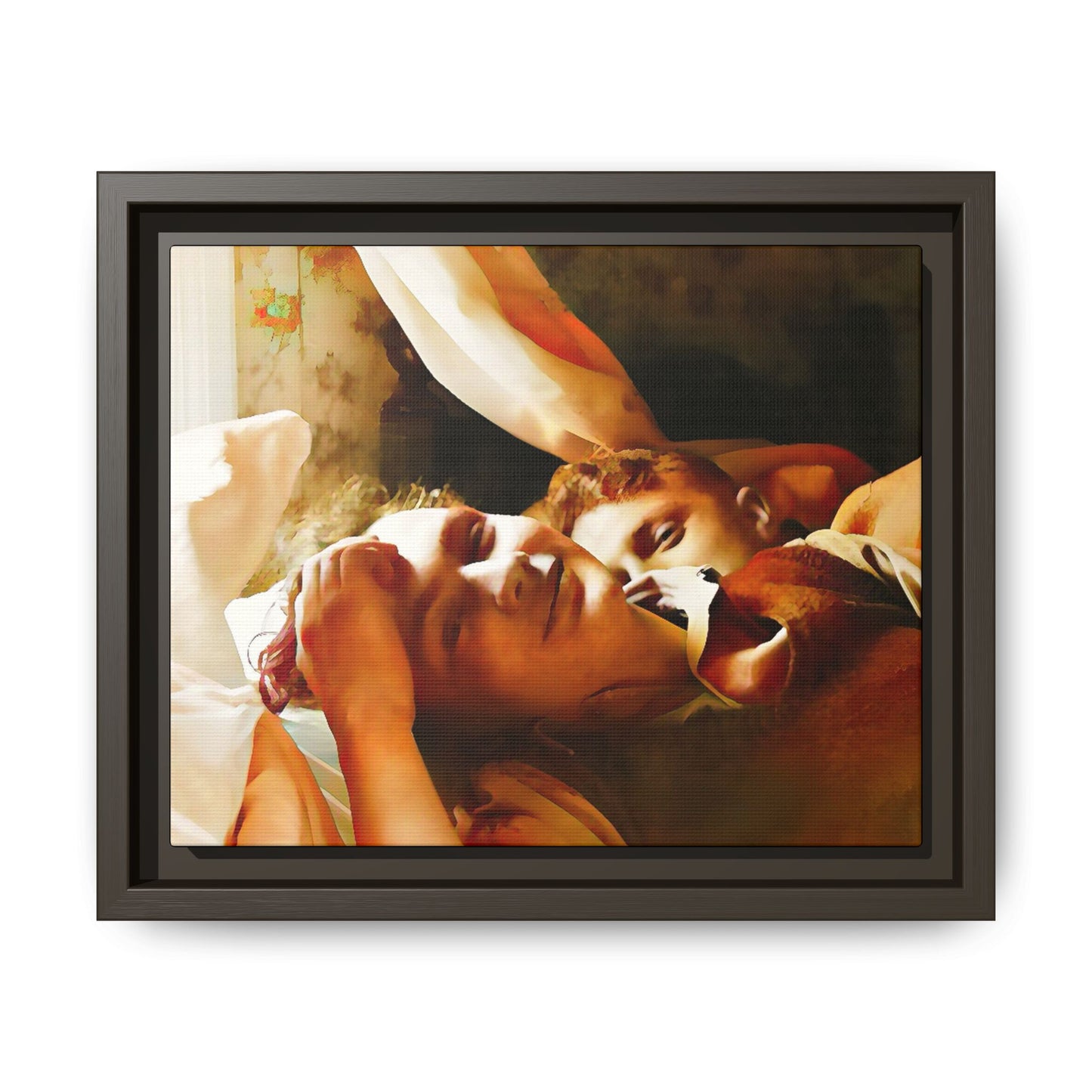 A heartwarming vintage portrait of Edwin and Floyd in Burlington, Vermont. This framed canvas print captures a quiet moment of LGBTQ+ love and intimacy, perfect for home decor, collectors, or as a sentimental gift celebrating timeless affection.