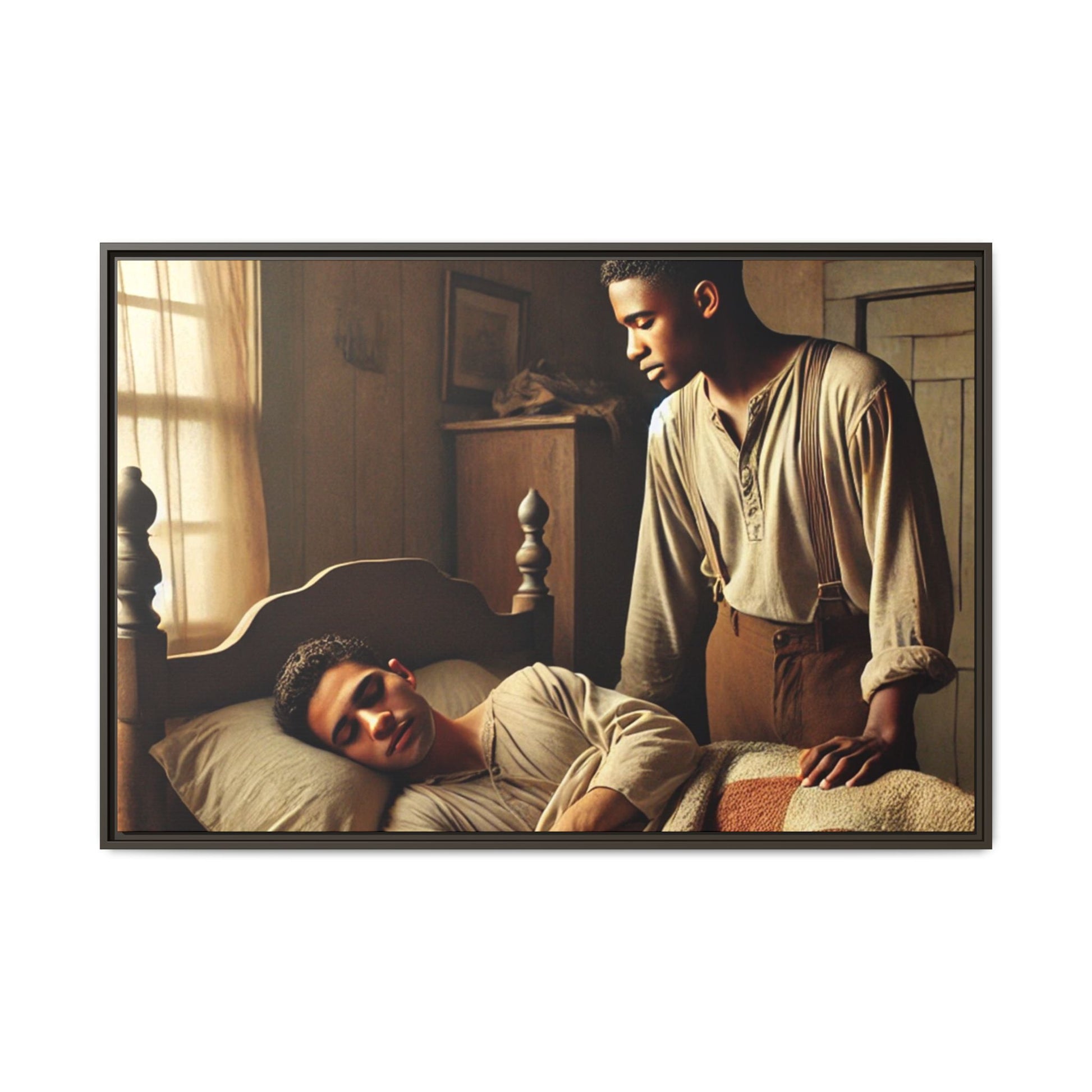 Grant 007 artwork depicting an African-American queer couple in a tender, intimate moment within a rustic bedroom. This scene, bathed in warm, nostalgic light, captures the love and quiet resilience of rural life, celebrating LGBTQ+ representation and African-American heritage.