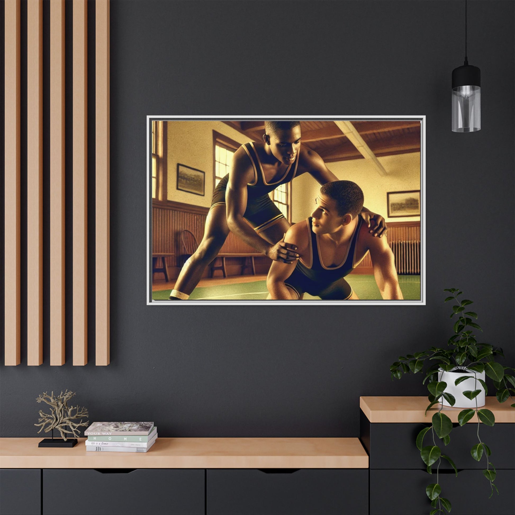 Framed canvas artwork inspired by Grant Wood featuring African-American and European-American wrestlers in a vintage gymnasium. A tribute to unity, diversity, and regionalist art.