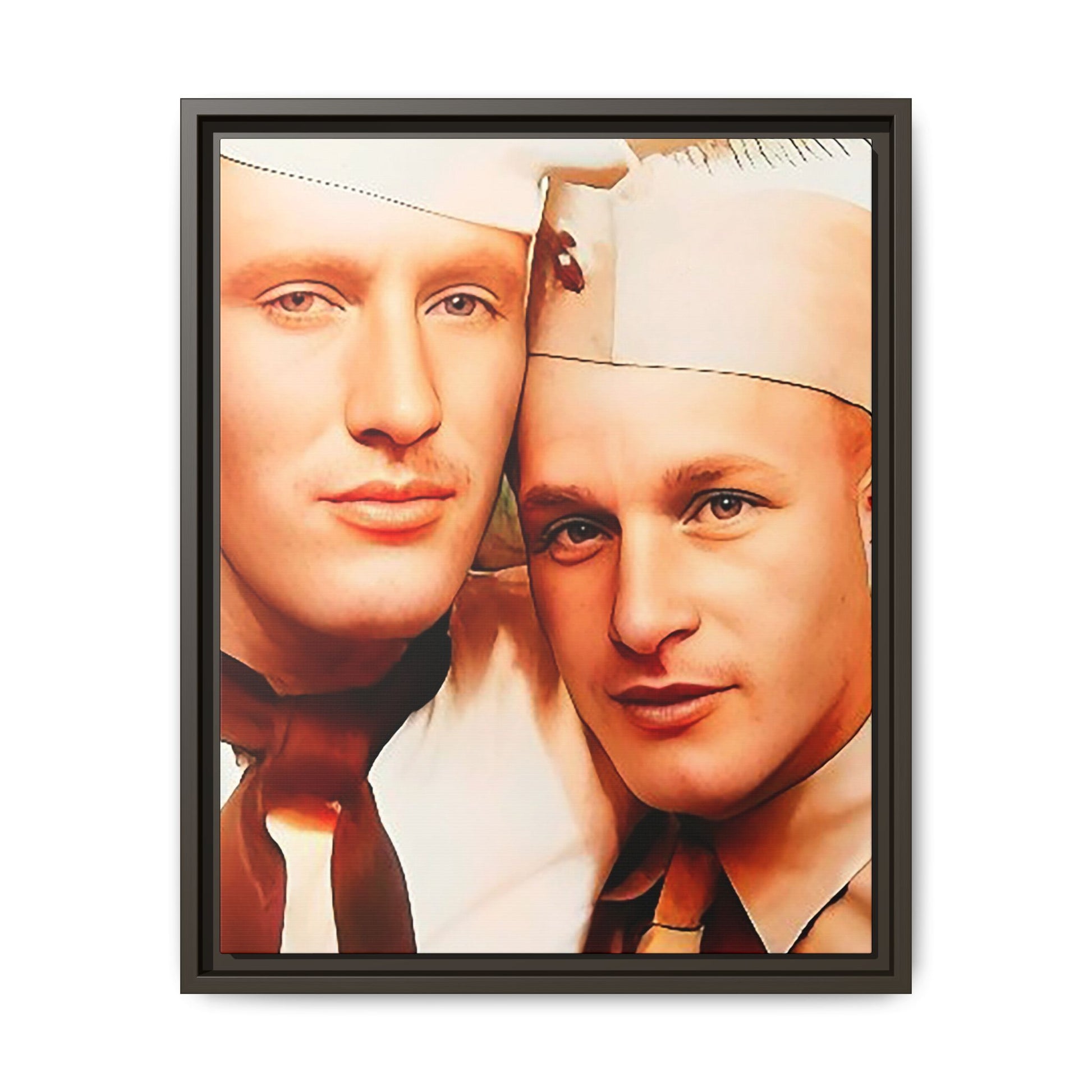 Vintage Gay photo booth portrait of Glenn & Sidney in Nantucket, MA. A heartwarming tribute to queer history, captured in a candid embrace. Available as a matte canvas print, perfect for celebrating love, identity, and nostalgia. Military Portrait
