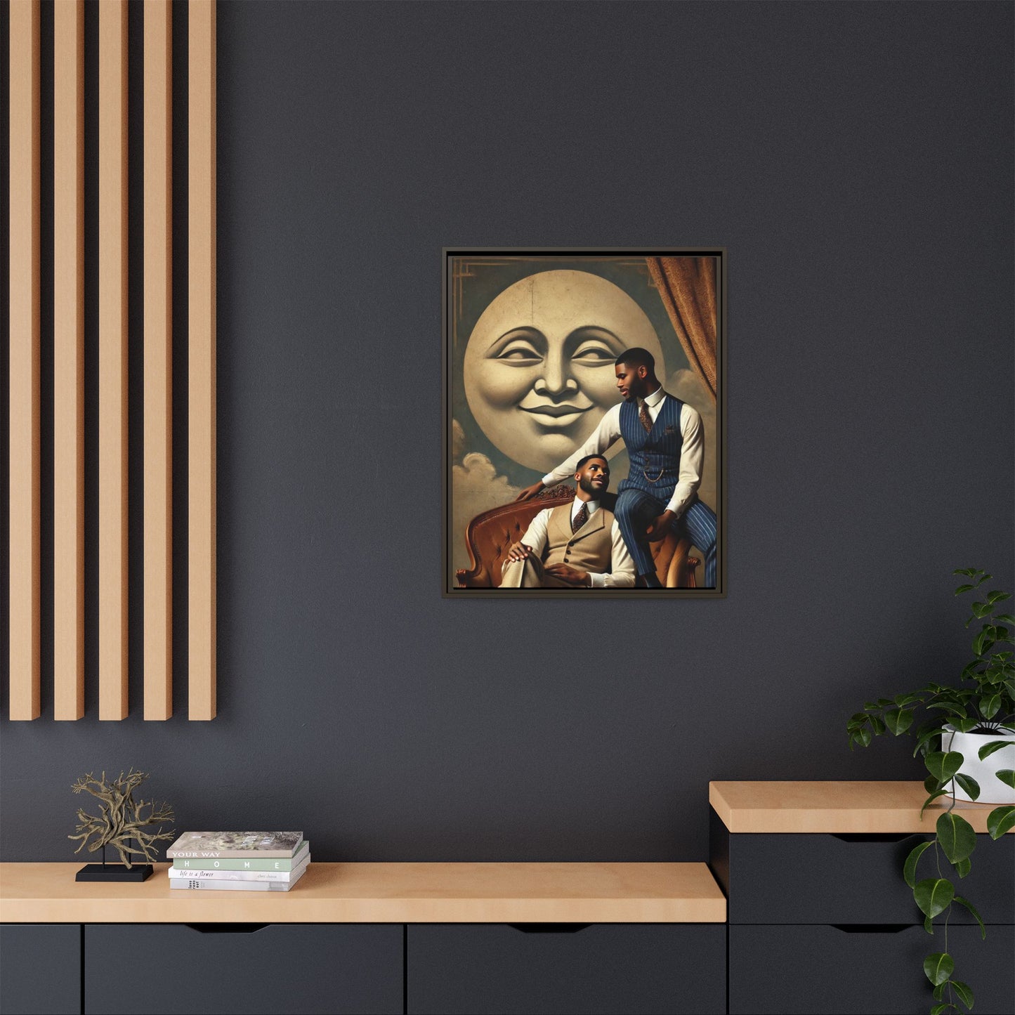 An elegant portrait of two Black men in vintage suits, seated affectionately beneath a smiling full moon. This 1920s-inspired artwork reclaims lost LGBTQ history, honoring Black queer love through style, softness, and resilience.