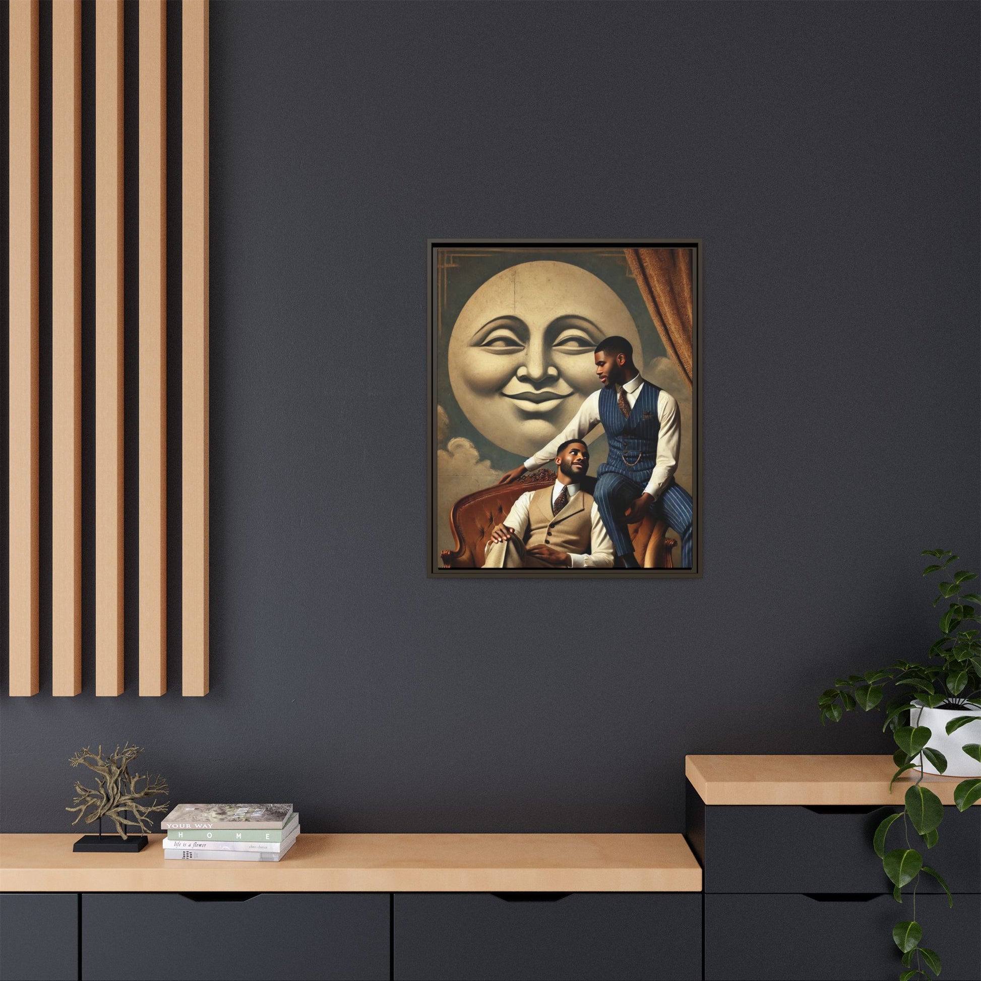 An elegant portrait of two Black men in vintage suits, seated affectionately beneath a smiling full moon. This 1920s-inspired artwork reclaims lost LGBTQ history, honoring Black queer love through style, softness, and resilience.