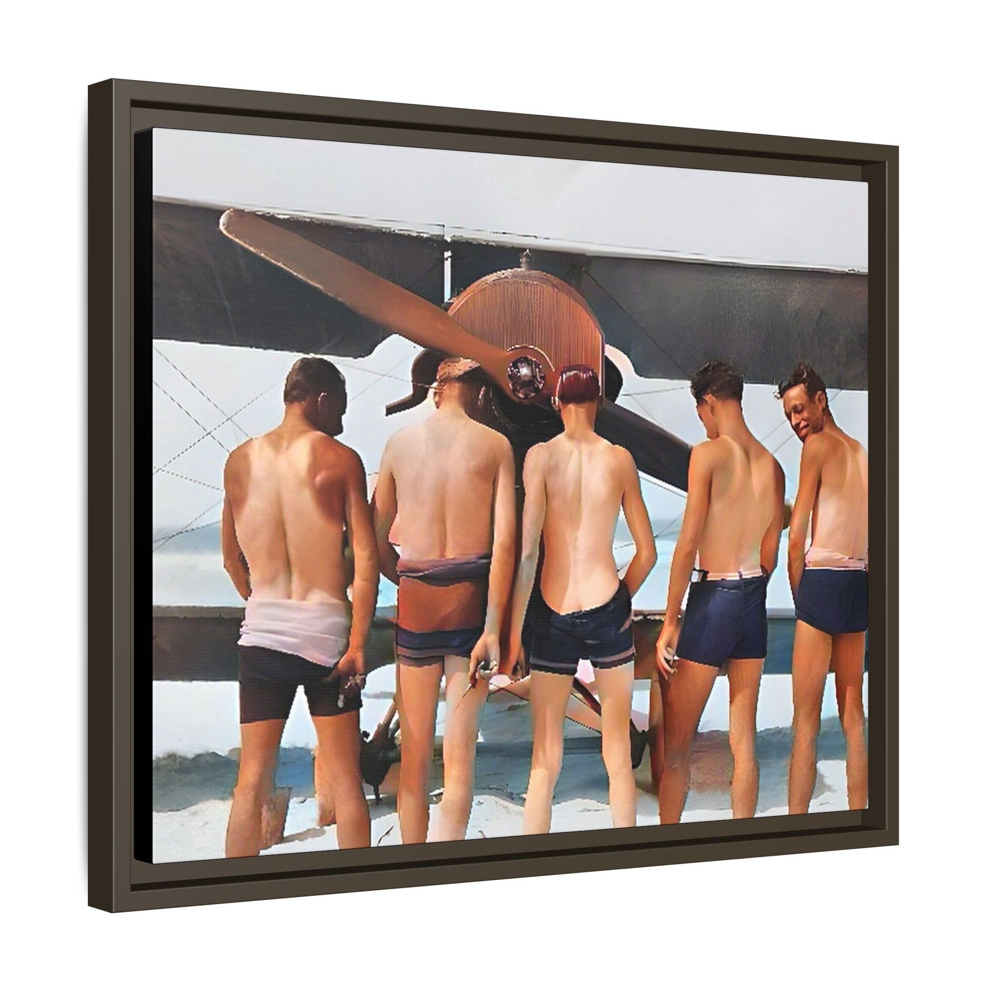 A beautifully restored vintage photograph of five men standing on a sunlit Key West beach with a vintage aircraft in the background. This nostalgic canvas print captures coastal adventure, camaraderie, and the free spirit of aviation history. Men urinating