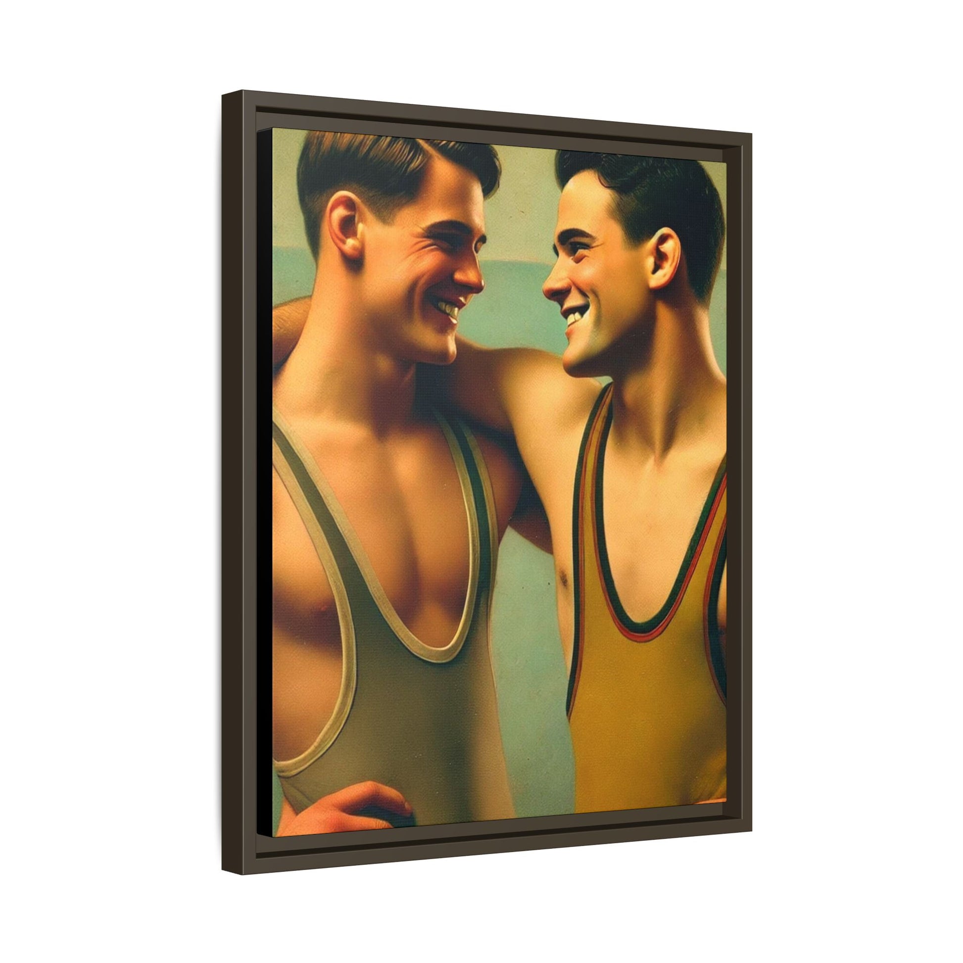 Framed artwork of two young wrestlers in vintage singlets sharing a candid moment, inspired by Grant Wood's Regionalist art style.