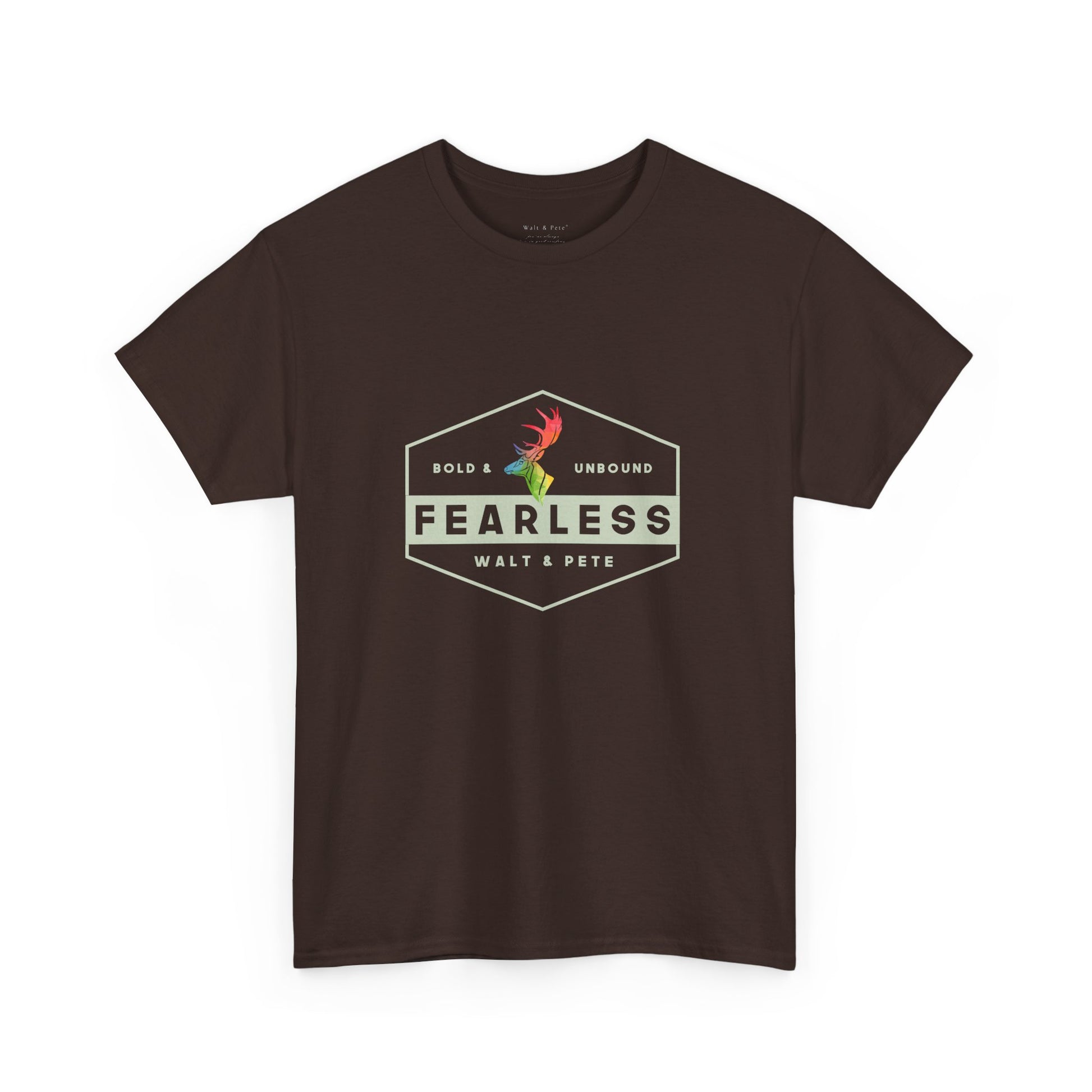 Unisex gr cotton t-shirt with a hexagon badge design reading “Fearless” and “Bold & Unbound,” featuring a rainbow antler—symbolizing LGBTQ+ pride and fearless queer identity