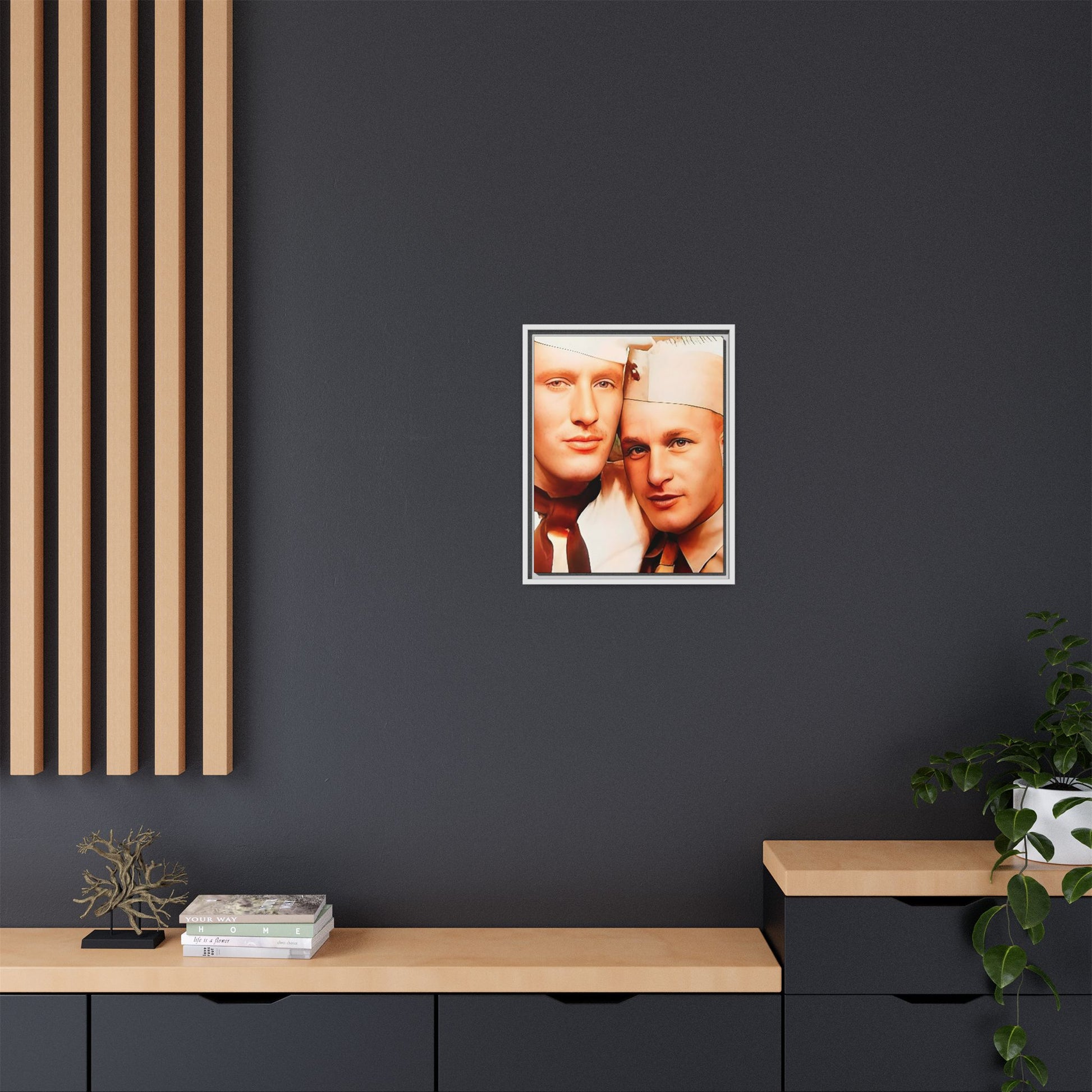 Vintage Gay photo booth portrait of Glenn & Sidney in Nantucket, MA. A heartwarming tribute to queer history, captured in a candid embrace. Available as a matte canvas print, perfect for celebrating love, identity, and nostalgia. Military Portrait