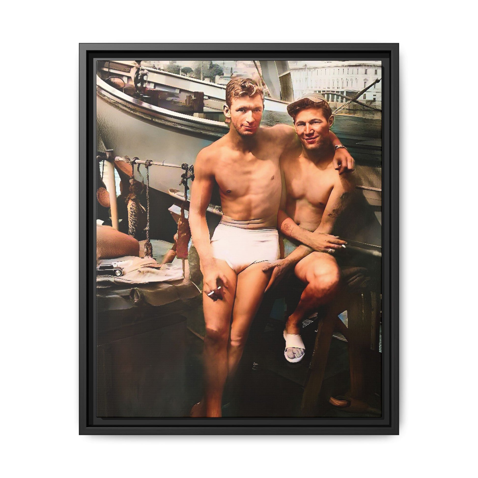 A framed vintage nautical portrait on matte canvas featuring Richard and Joey in Gulf Shores, Alabama, capturing timeless LGBTQ+ connection and coastal charm. Gay Couple