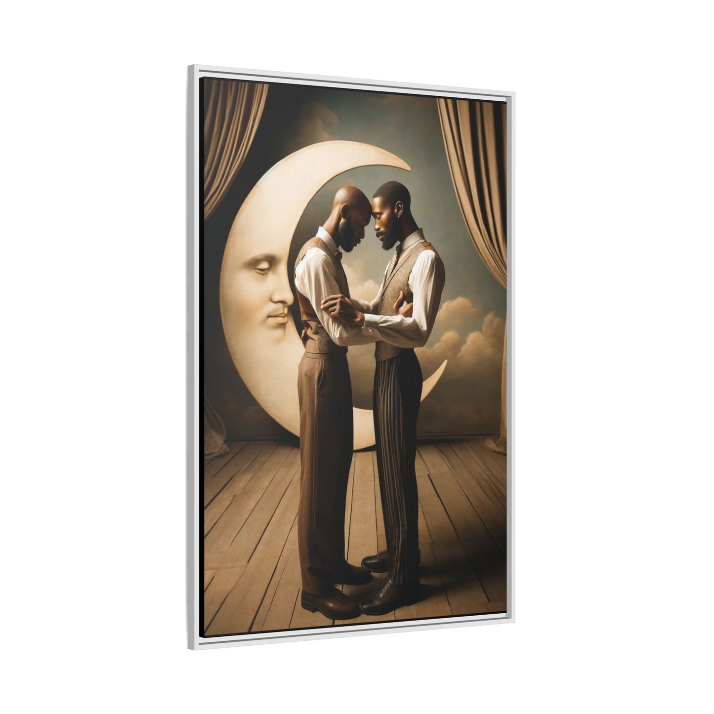 Two Black men in vintage 1920s clothing stand forehead to forehead, embraced beneath a glowing crescent moon. A theatrical scene honoring queer love, memory, and history, reclaiming moments that were never captured due to cultural bias.