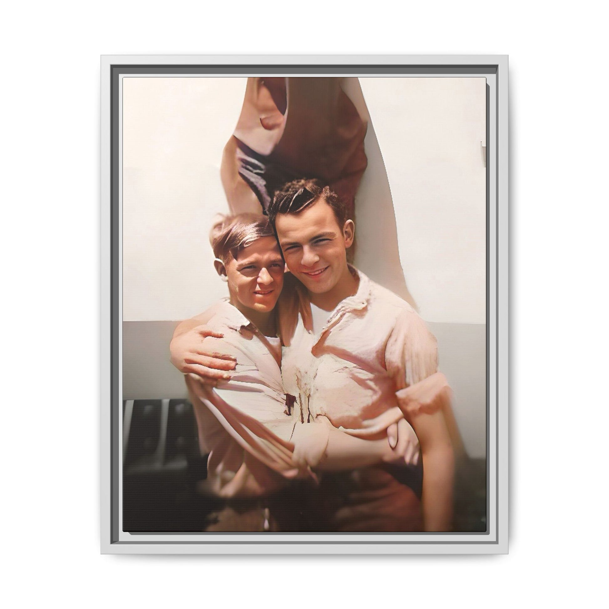 A framed vintage WWII-era portrait on matte canvas featuring Walter and Paul at Camp Shanks, NY, capturing love and resilience during wartime. Gay Couple