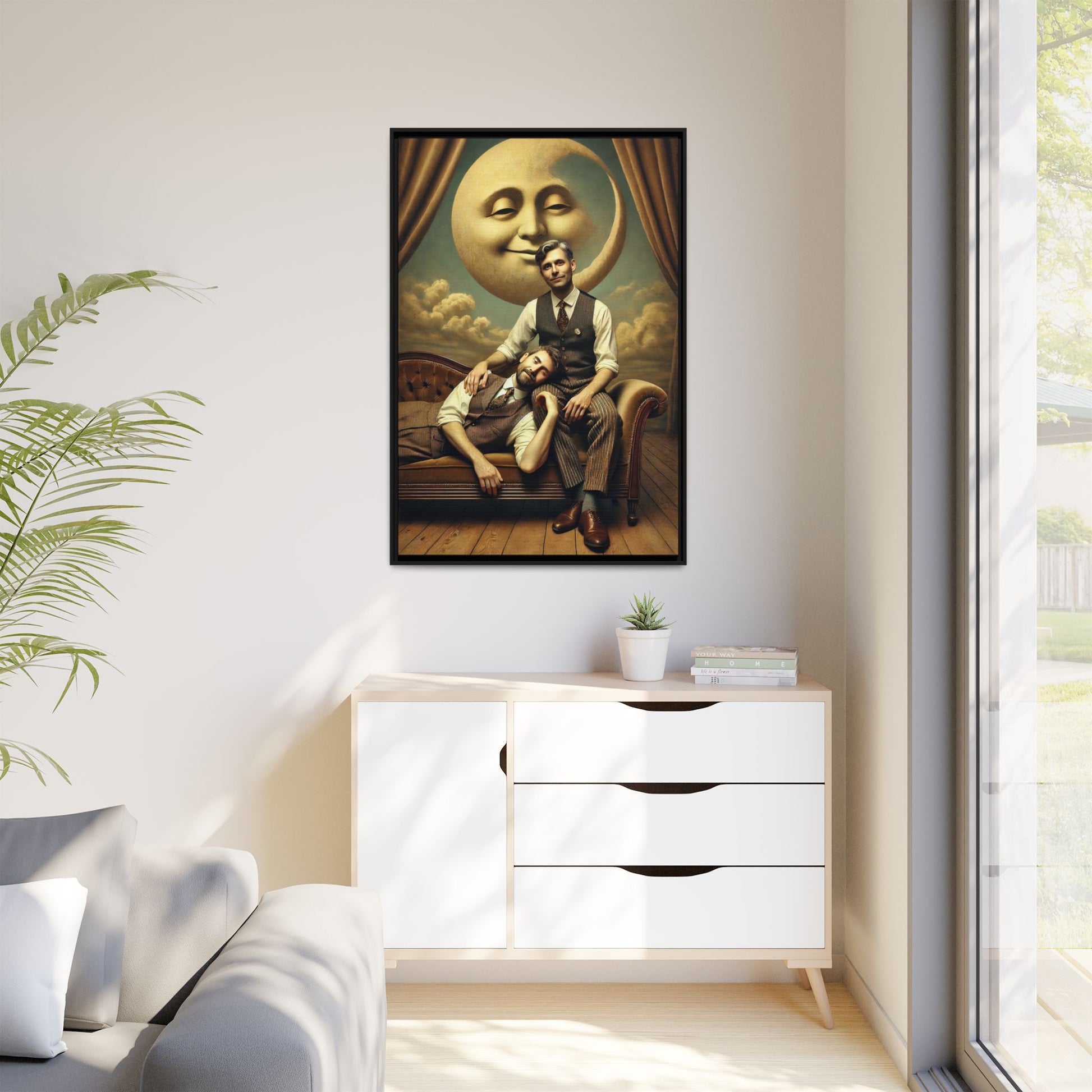 Vintage-style artwork of two men in 1920s clothing sitting close, one resting his head on the other’s lap beneath a smiling moon. Surrounded by theatrical curtains and clouds, this original piece honors lost queer love and challenges historical erasure with tenderness and pride.