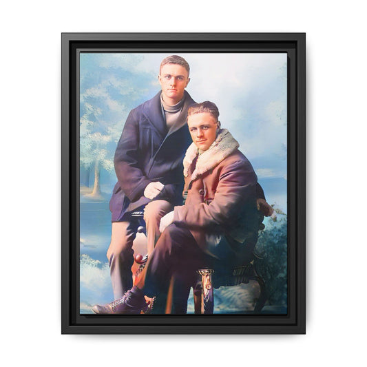Restored vintage photograph of David and Sam, a gay couple in winter attire from early 20th century Yakima, Washington. Framed matte canvas print showcasing love, resilience, and Gay  history.