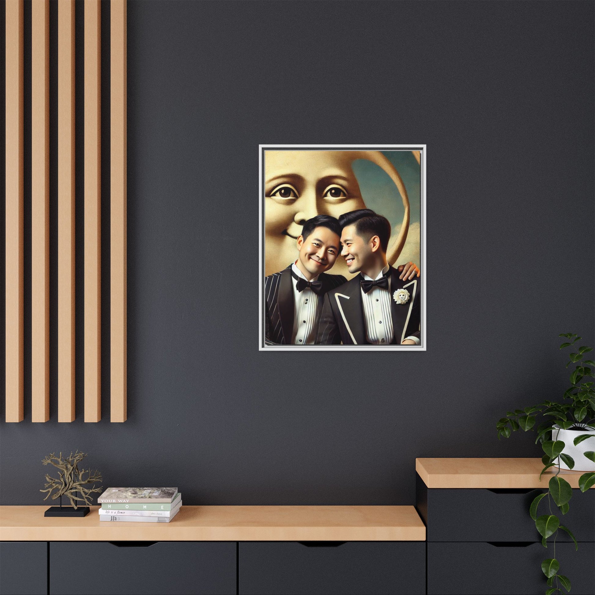 Framed matte canvas featuring a joyful queer Asian couple in tuxedos standing beneath a crescent moon. This artwork, part of the Missing Art Studies series, reimagines erased queer histories with warmth, dignity, and vintage-inspired style.