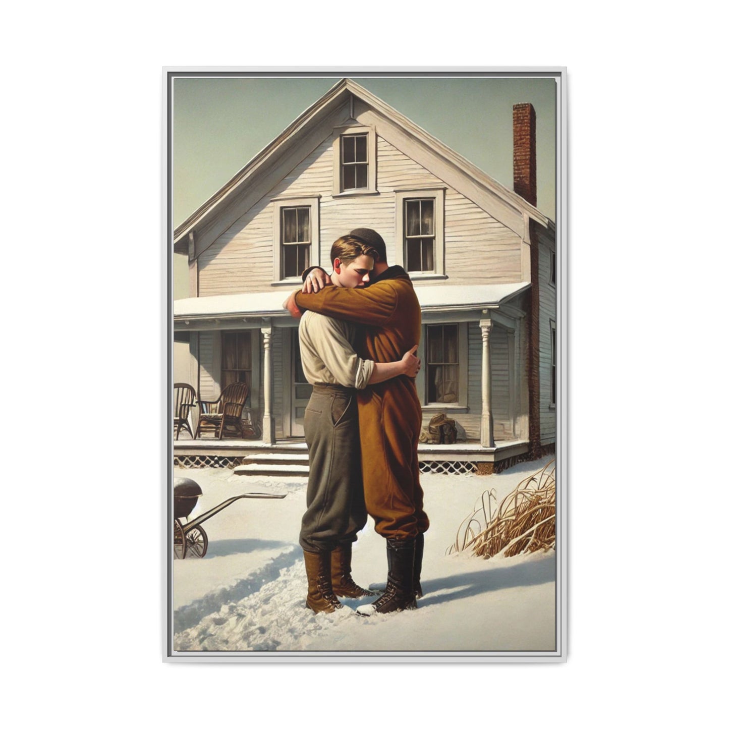 Artwork of a tender moment between a gay couple embracing outside a farmhouse in a snowy, rural landscape. Dressed in vintage attire, the two men find warmth and comfort in each other’s arms, capturing love and connection in a serene, Americana winter setting