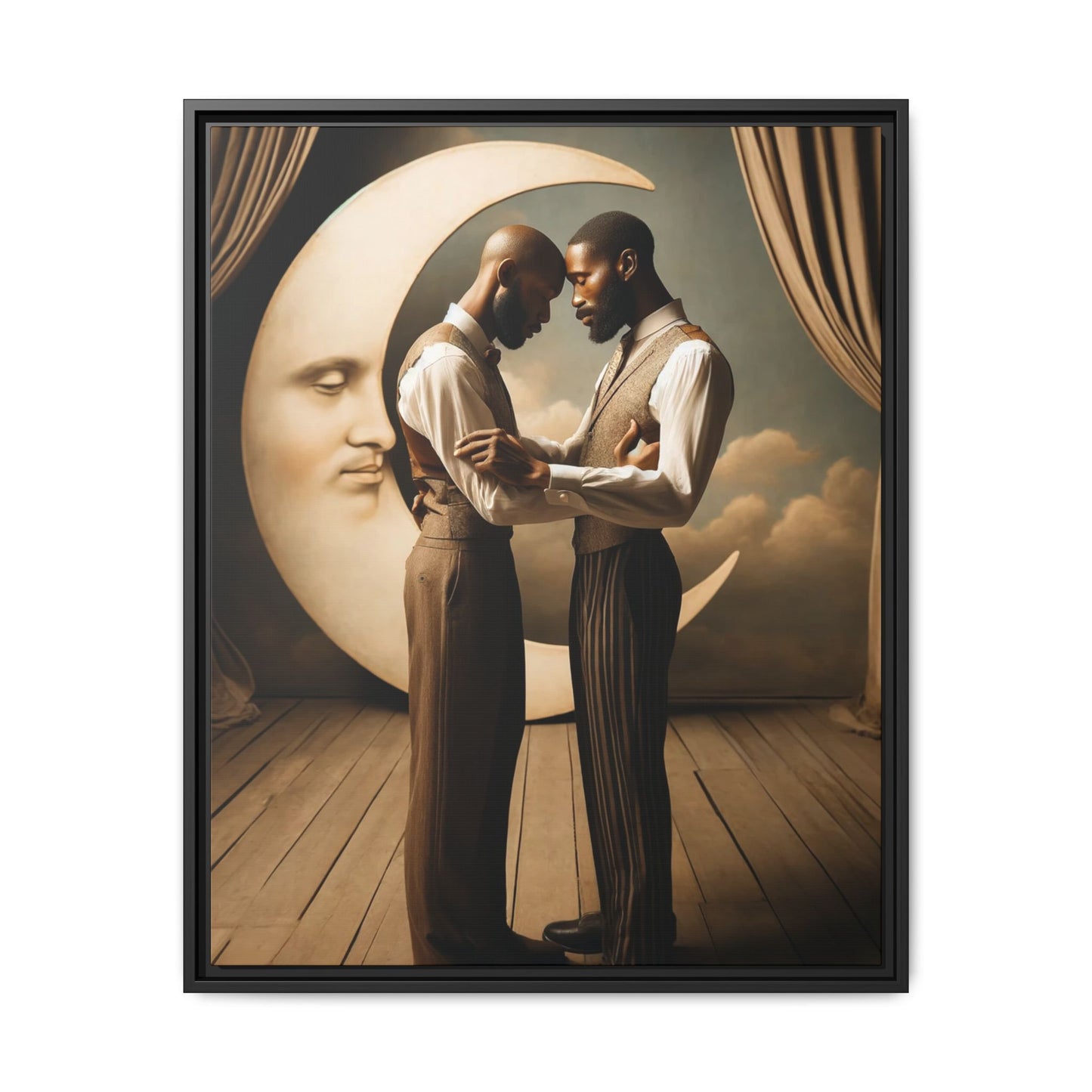 Two Black men in vintage 1920s clothing stand forehead to forehead, embraced beneath a glowing crescent moon. A theatrical scene honoring queer love, memory, and history, reclaiming moments that were never captured due to cultural bias.