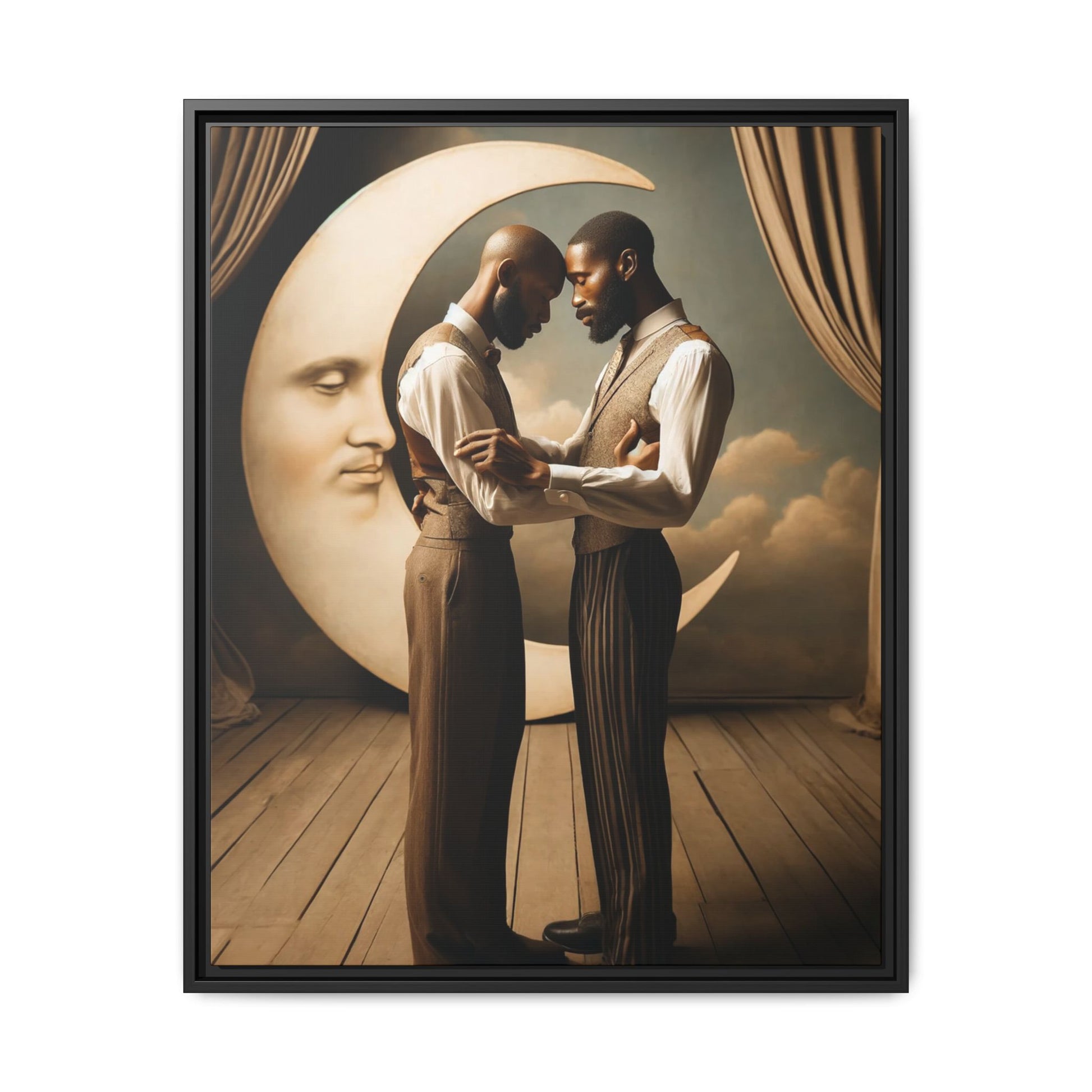 Two Black men in vintage 1920s clothing stand forehead to forehead, embraced beneath a glowing crescent moon. A theatrical scene honoring queer love, memory, and history, reclaiming moments that were never captured due to cultural bias.