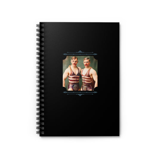 Spiral notebook featuring a restored vintage photo of two circus strongmen standing together in striped singlets