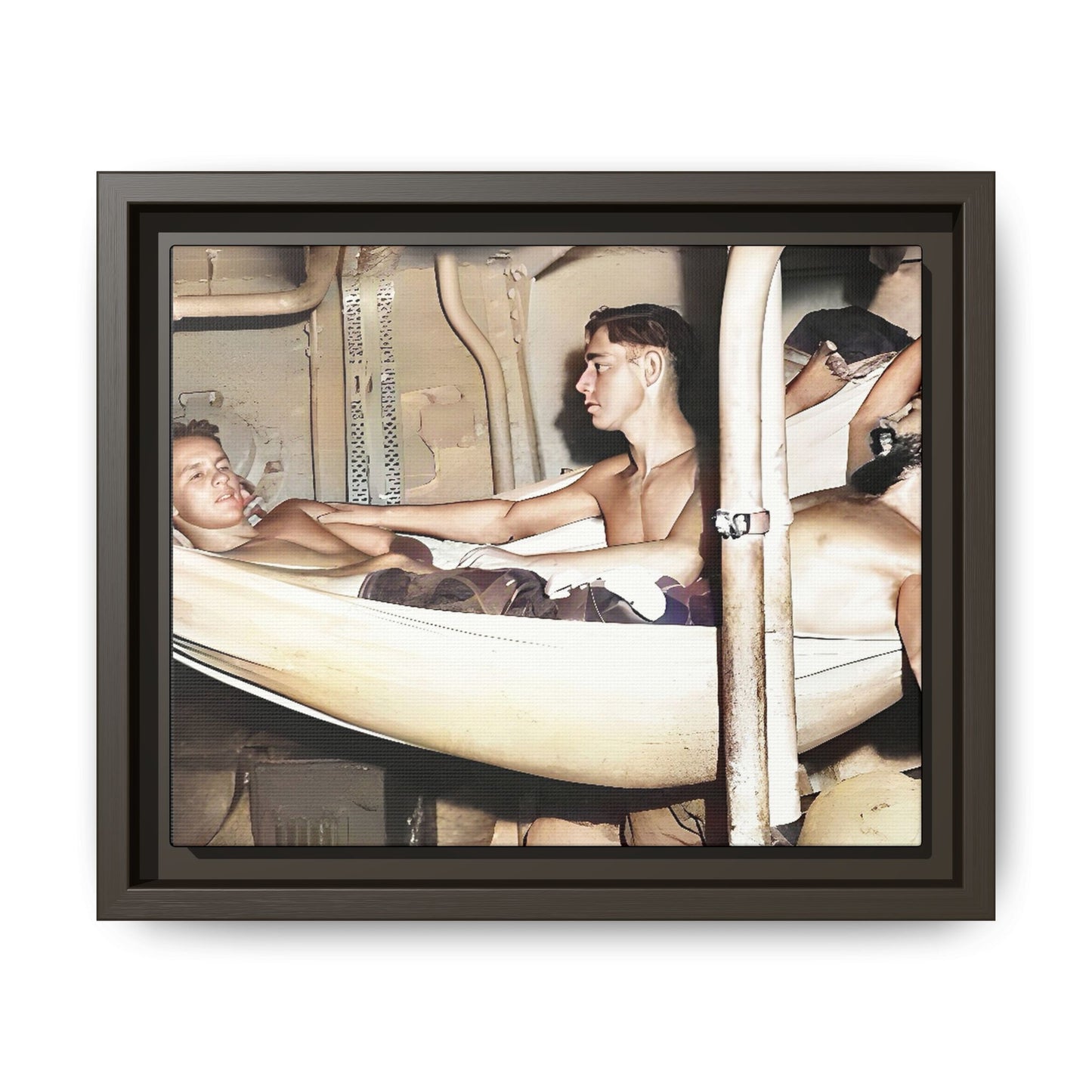 A framed vintage maritime photo on matte canvas featuring sailors aboard the Orleans, capturing life at sea and camaraderie.