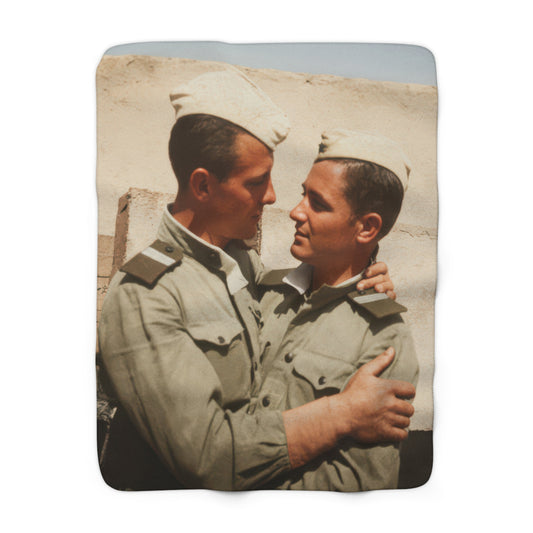 Heirloom sherpa blanket with restored vintage military embrace portrait