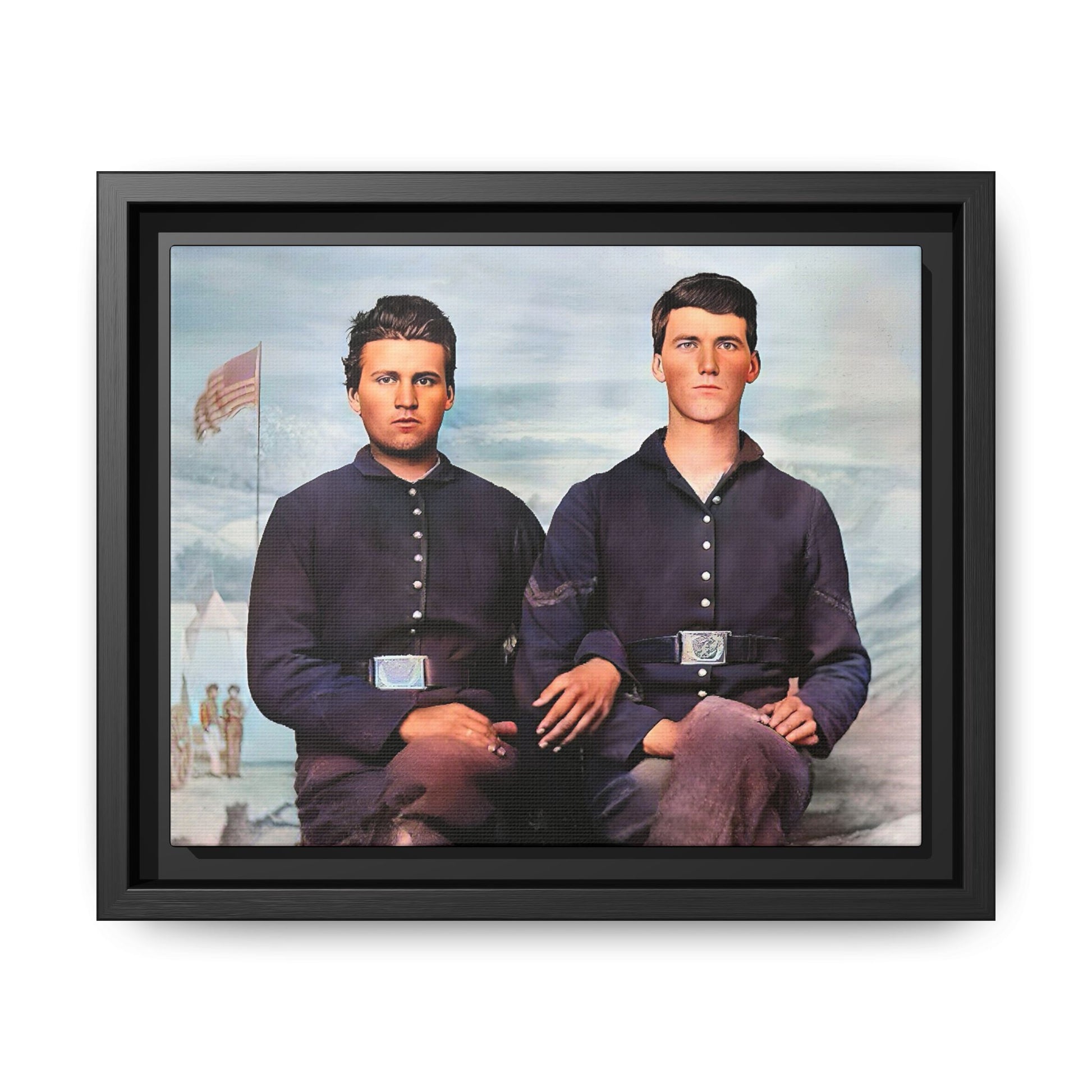 A framed vintage Civil War photo on matte canvas featuring two Union soldiers at Camp Curtin, honoring military history. Gay Couple