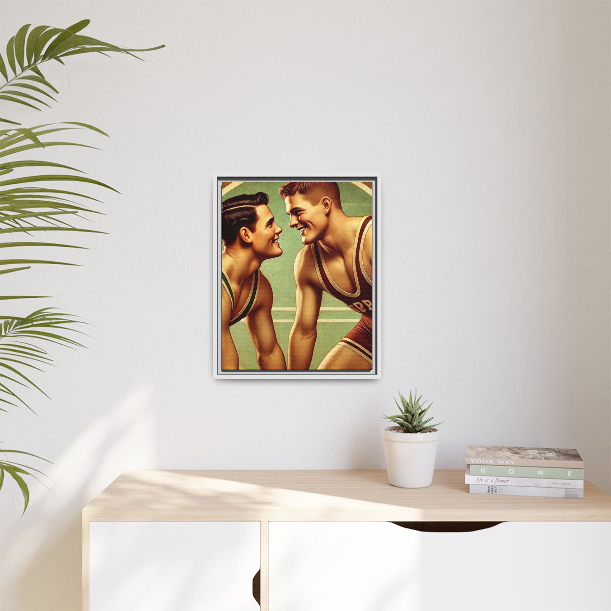 Framed artwork of two young wrestlers in vintage singlets on a stylized mat, inspired by Grant Wood's nostalgic Americana style.