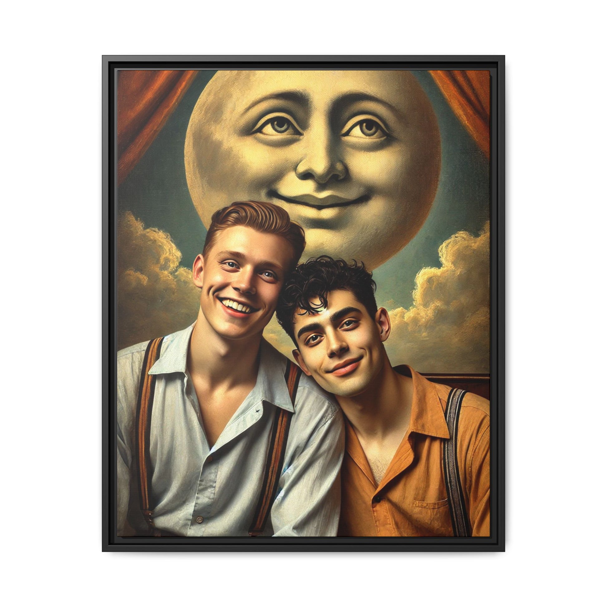 Framed artwork featuring a joyful queer couple in 1930s attire, seated close together beneath a smiling full moon in a theatrical studio setting. A celebration of reclaimed LGBTQ+ narratives in nostalgic portraiture.