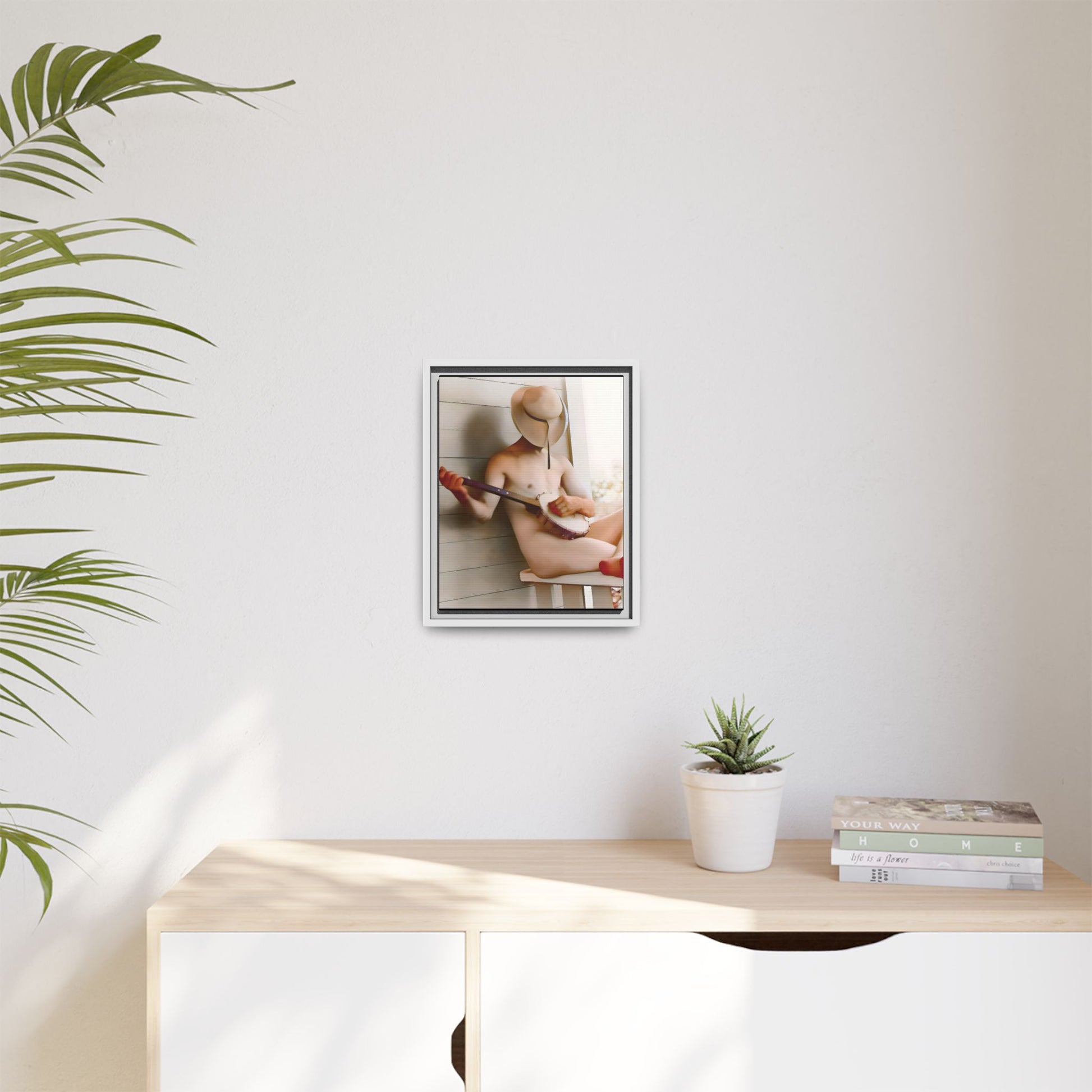 A framed vintage portrait on matte canvas featuring Glenn in Alum Creek, West Virginia, capturing the Appalachian spirit with a banjo in hand.