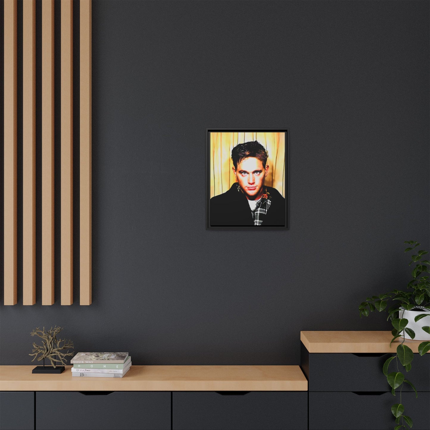 A nostalgic 90s photo booth portrait of Jake at Deadwood Bar, Iowa City. This framed matte canvas print captures quiet reflection, vintage charm, and raw authenticity, making it a striking statement piece for lovers of retro photography and moody decor.