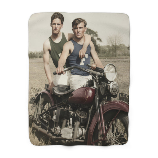 Heirloom sherpa blanket featuring two young men posed on a vintage motorcycle