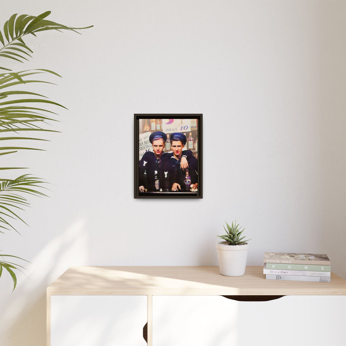 A restored vintage naval portrait of Leo & Vincent, two sailors at Norfolk Naval Station. This framed matte canvas captures LGBTQ+ history, camaraderie, and resilience in a timeless moment. Gay Couple