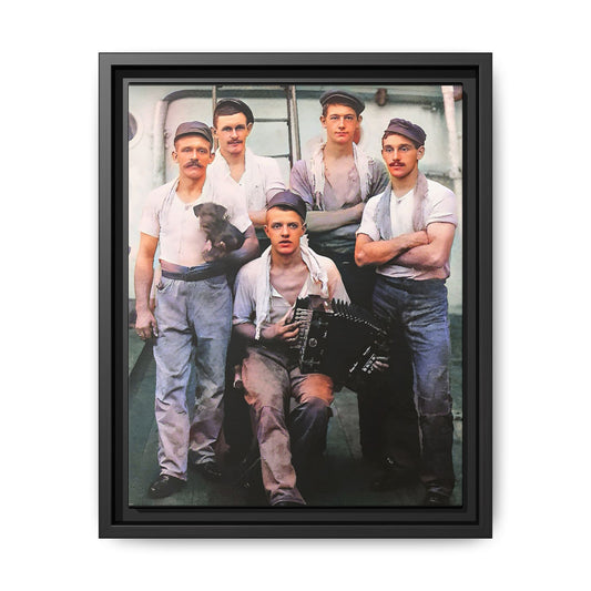 A vintage maritime photograph printed on matte canvas, featuring sailors aboard the Waimarino Cargo Ship, highlighting companionship, tradition, and the spirit of life at sea.