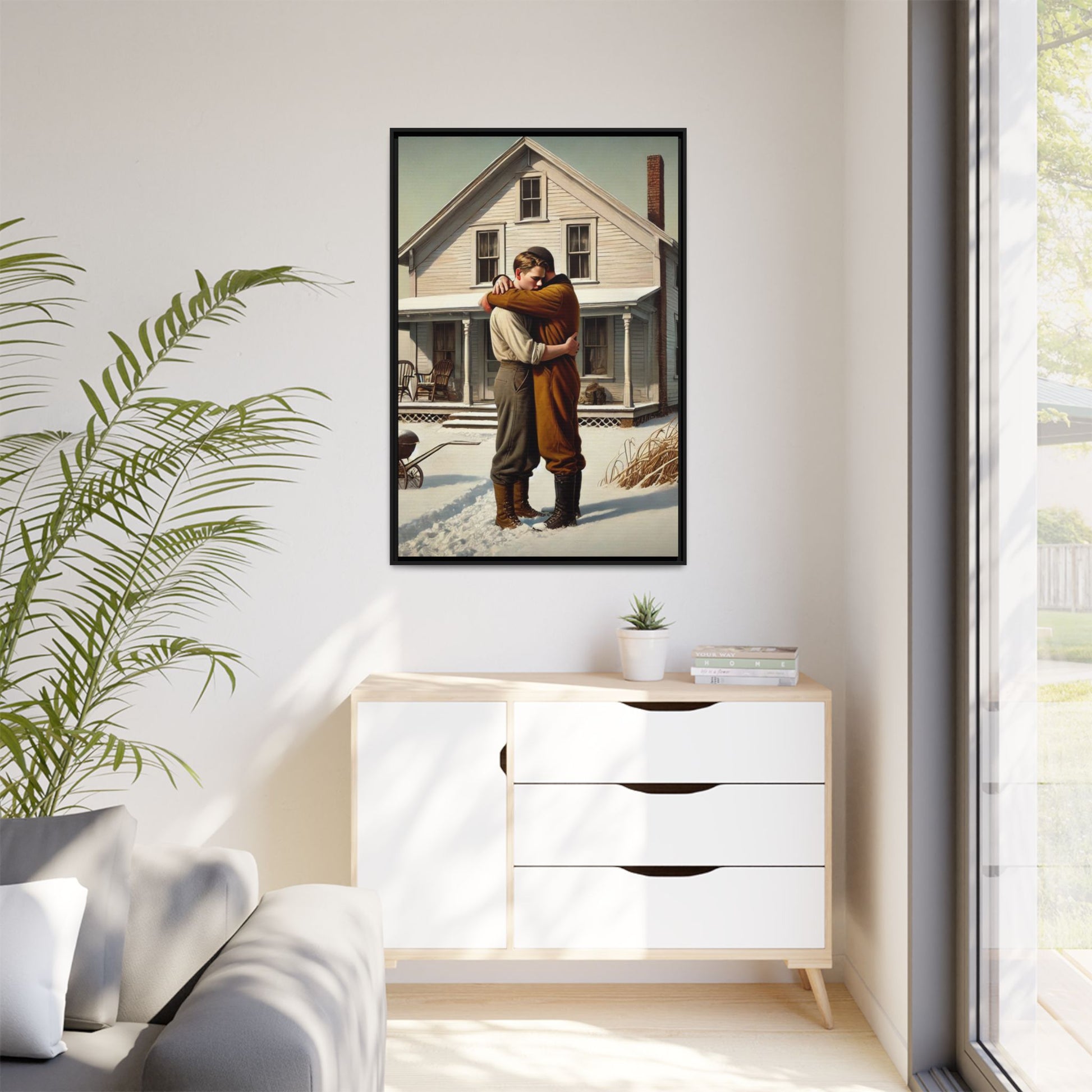Artwork of a tender moment between a gay couple embracing outside a farmhouse in a snowy, rural landscape. Dressed in vintage attire, the two men find warmth and comfort in each other’s arms, capturing love and connection in a serene, Americana winter setting