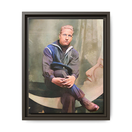 A vintage U.S. Navy sailor portrait featuring Jacob in uniform with a crescent moon backdrop. This framed matte canvas print is a timeless tribute to naval service, ideal for military history collectors, veterans, and nautical decor lovers. Art Deco Paper Moon Prop
