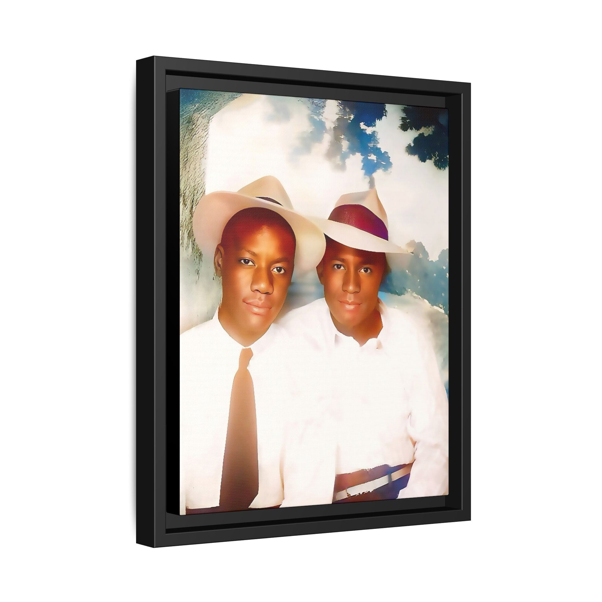 A restored vintage portrait of Bryson & Damien in Taylor, Mississippi. This framed matte canvas celebrates LGBTQ+ history, Southern charm, and timeless love. African American Gay Couple