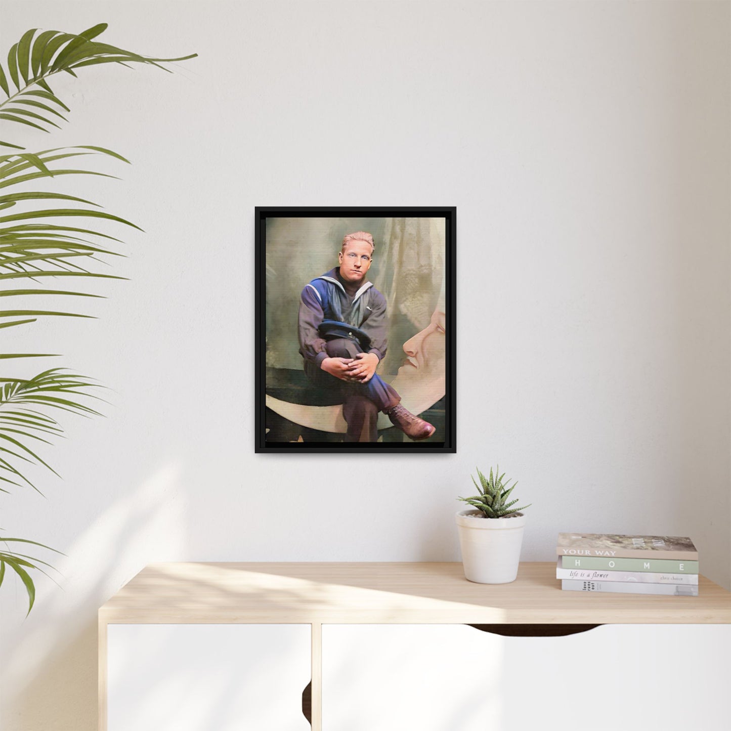 A vintage U.S. Navy sailor portrait featuring Jacob in uniform with a crescent moon backdrop. This framed matte canvas print is a timeless tribute to naval service, ideal for military history collectors, veterans, and nautical decor lovers. Art Deco Paper Moon Prop