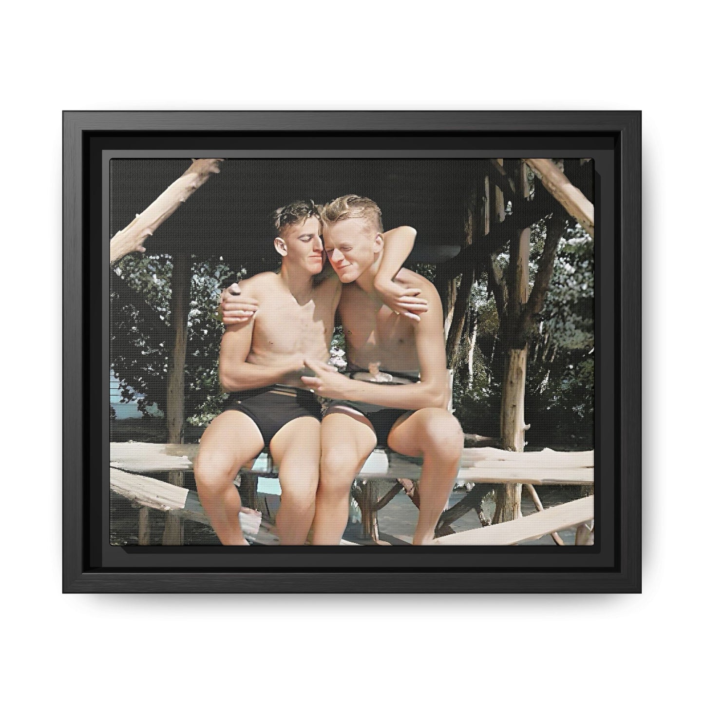 A vintage-inspired framed canvas print featuring Joseph and Billy at Kahena Beach, Hawaii. Their intimate moment under a sunlit pergola captures the warmth of love, freedom, and tropical serenity—perfect for coastal, LGBTQ+, and romantic home decor.