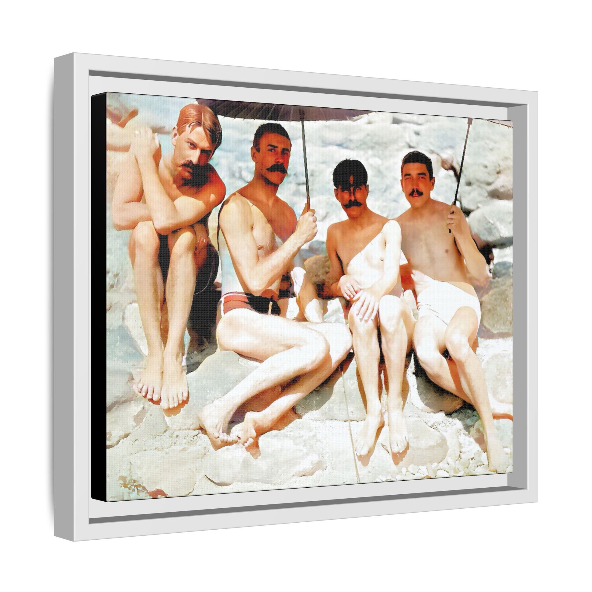 A nostalgic vintage beach photograph from Herring Cove Beach, Provincetown, MA. This framed canvas print captures four men in a relaxed summer moment, perfect for coastal home decor or as an LGBTQ+ history tribute.