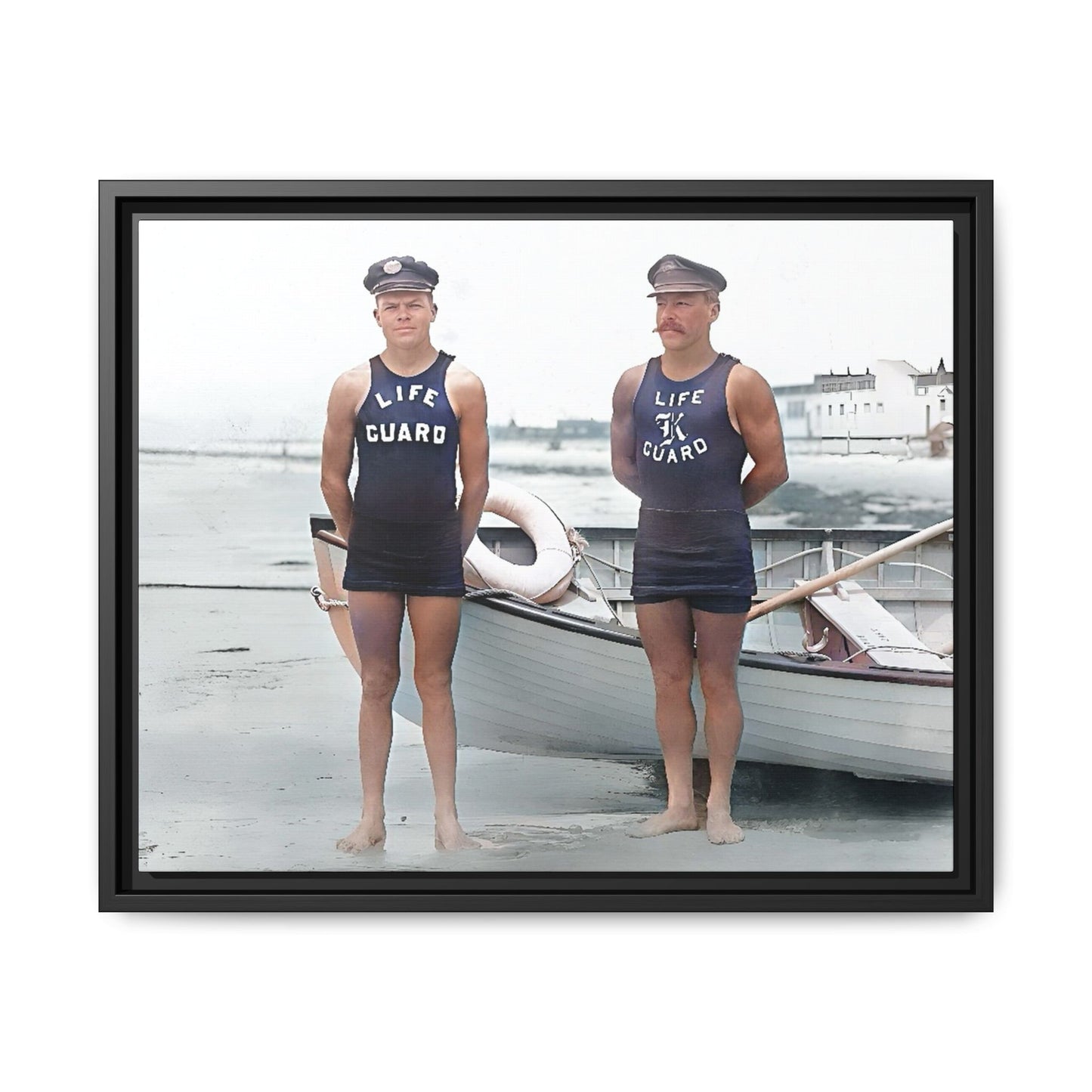 A nostalgic framed canvas print of vintage lifeguards in Cape May, NJ. This coastal artwork captures the charm of early 20th-century beach life, making it perfect for lovers of maritime history, seaside decor, and Americana enthusiasts.