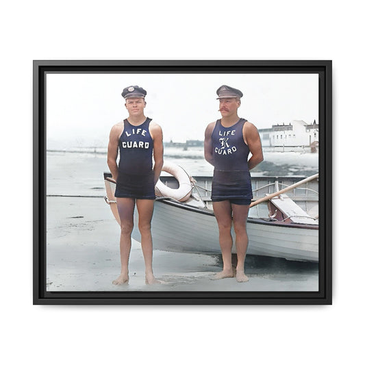 A nostalgic framed canvas print of vintage lifeguards in Cape May, NJ. This coastal artwork captures the charm of early 20th-century beach life, making it perfect for lovers of maritime history, seaside decor, and Americana enthusiasts.