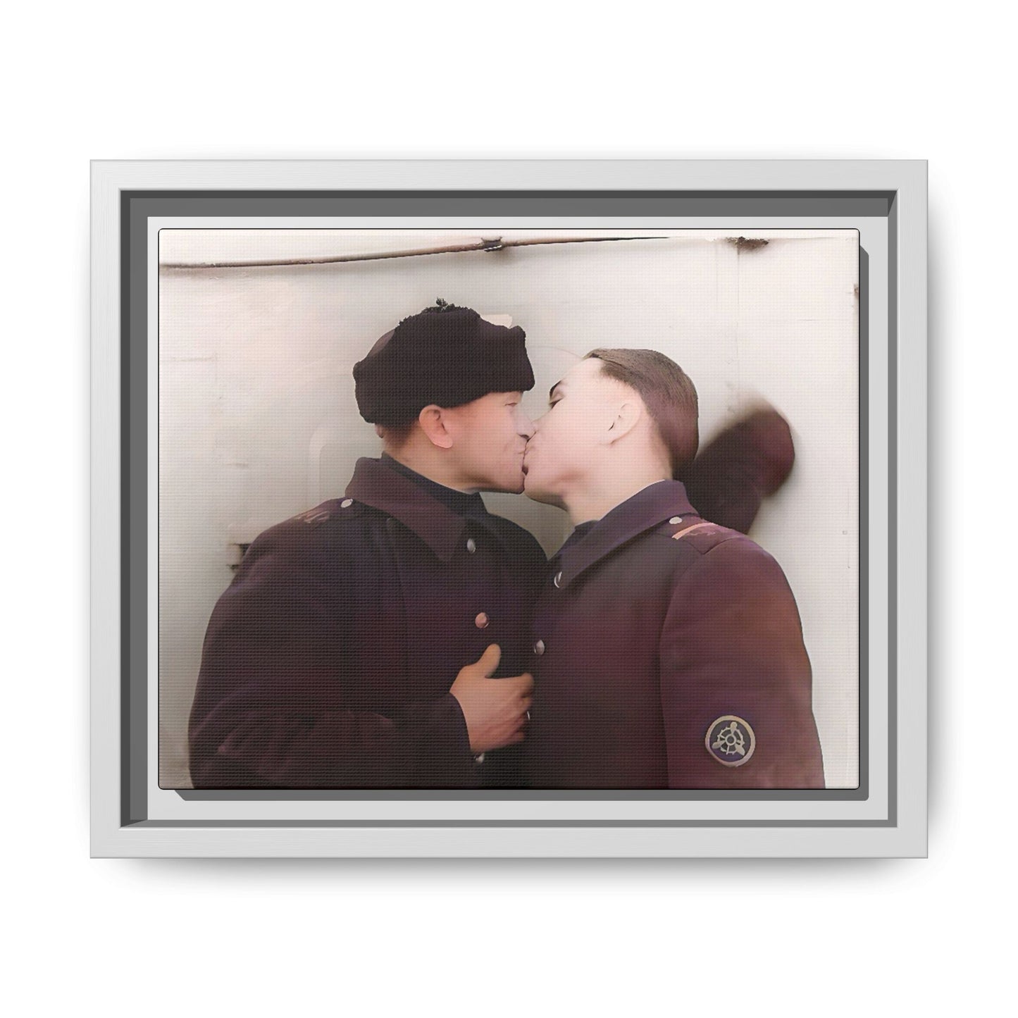 A restored vintage photograph of two Russian soldiers in uniform sharing an intimate moment at a military outpost in Surgut, Russia. Their embrace reflects resilience, love, and defiance against societal norms, making this a powerful tribute to LGBTQ+ history and wartime romance. Винтажное фото | гей-пара