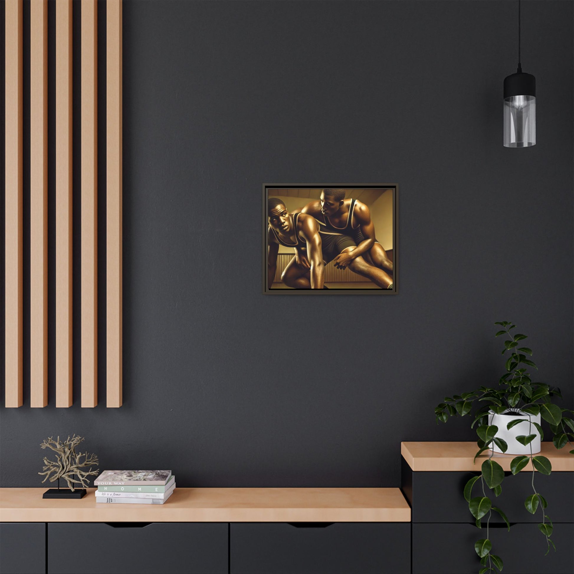 Framed artwork inspired by Grant Wood, showcasing African-American wrestlers in a vintage gymnasium setting. A powerful tribute to teamwork, resilience, and regionalist art.