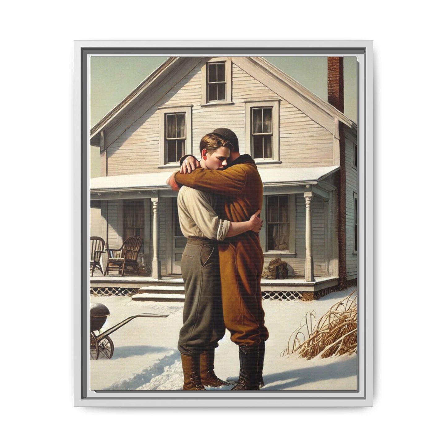 Artwork of a tender moment between a gay couple embracing outside a farmhouse in a snowy, rural landscape. Dressed in vintage attire, the two men find warmth and comfort in each other’s arms, capturing love and connection in a serene, Americana winter setting