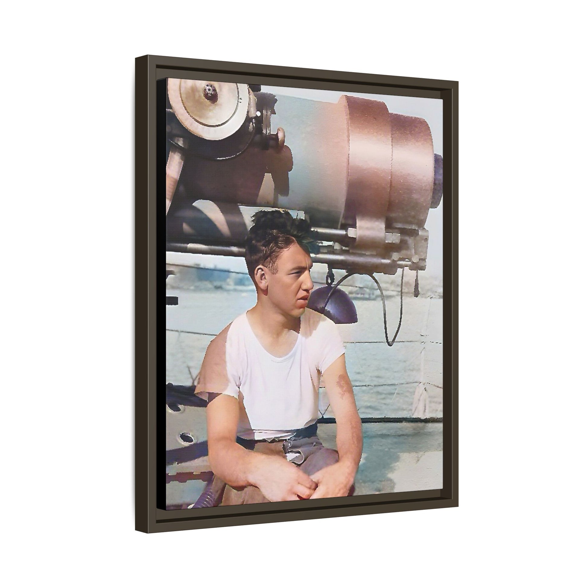 A restored vintage portrait of Harvey aboard the USS Oklahoma (BB-37). This framed matte canvas honors naval history, resilience, and service. Battleship Photo