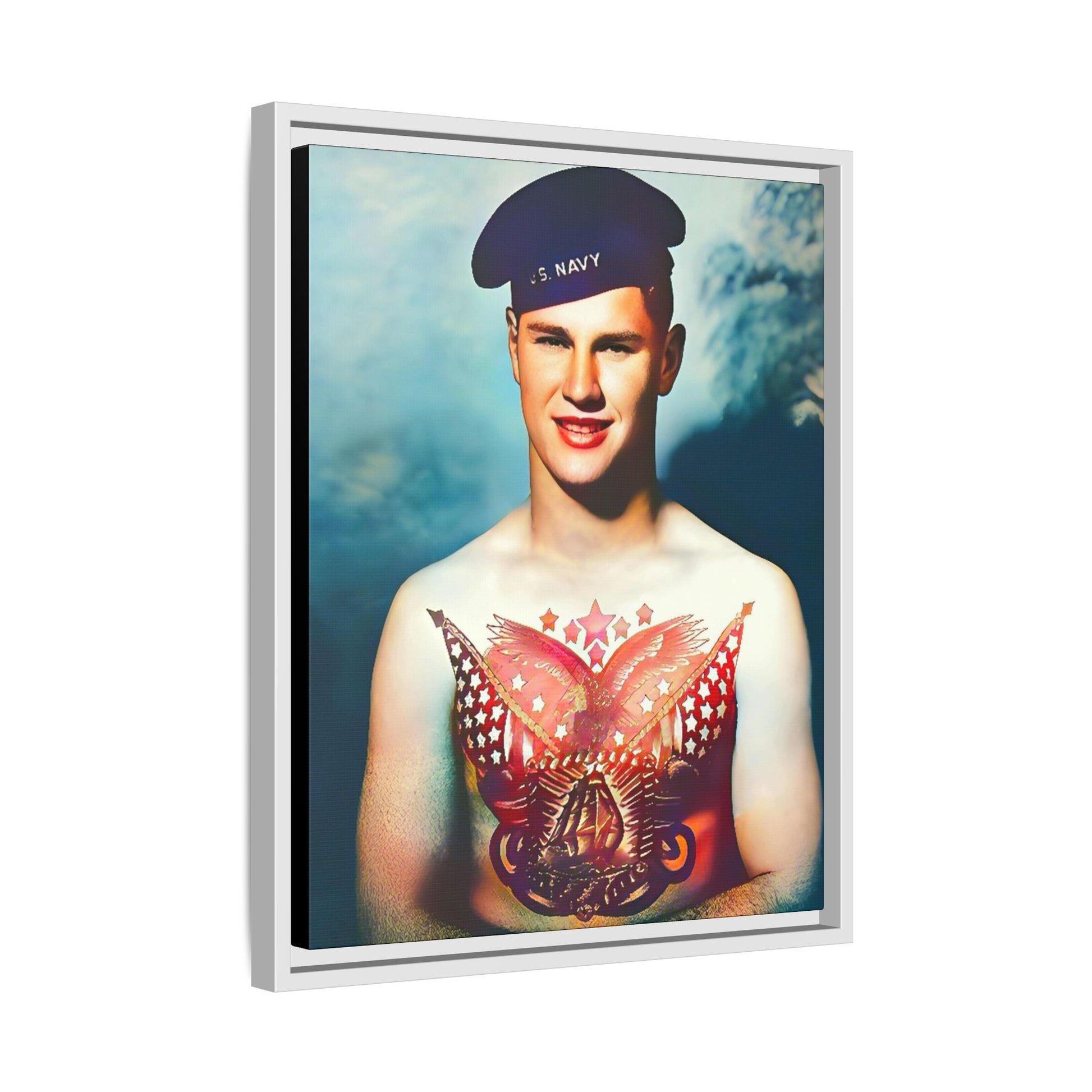 A striking vintage portrait of Charlie, a proud U.S. Navy sailor at Norfolk Navy Yard, showcasing a patriotic tattoo. This framed matte canvas print celebrates military history, individuality, and LGBTQ+ representation—perfect for collectors and history enthusiasts.